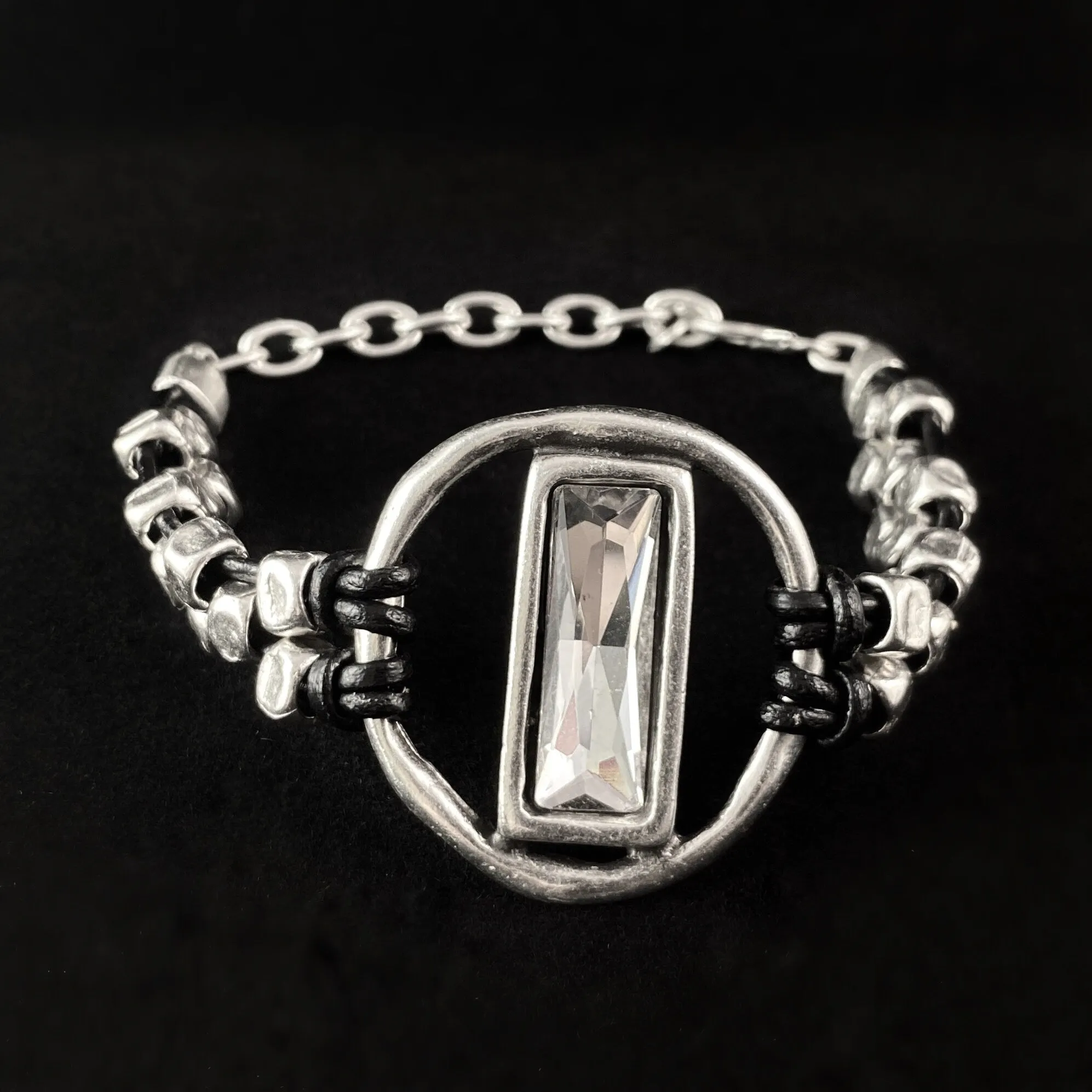 Leather Beaded Bracelet with Large Rectangular Crystal, Handmade, Nickel Free-Noir
