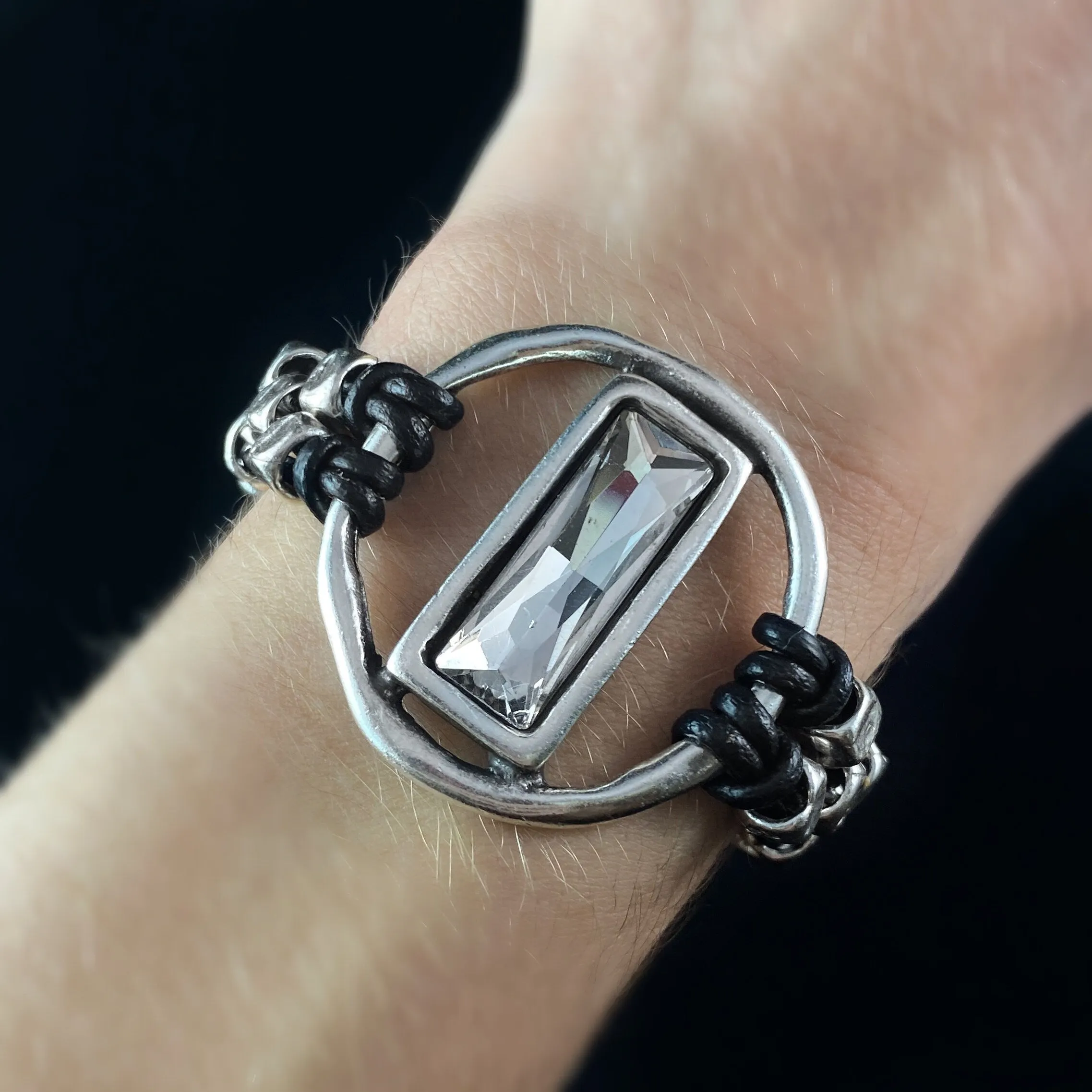 Leather Beaded Bracelet with Large Rectangular Crystal, Handmade, Nickel Free-Noir