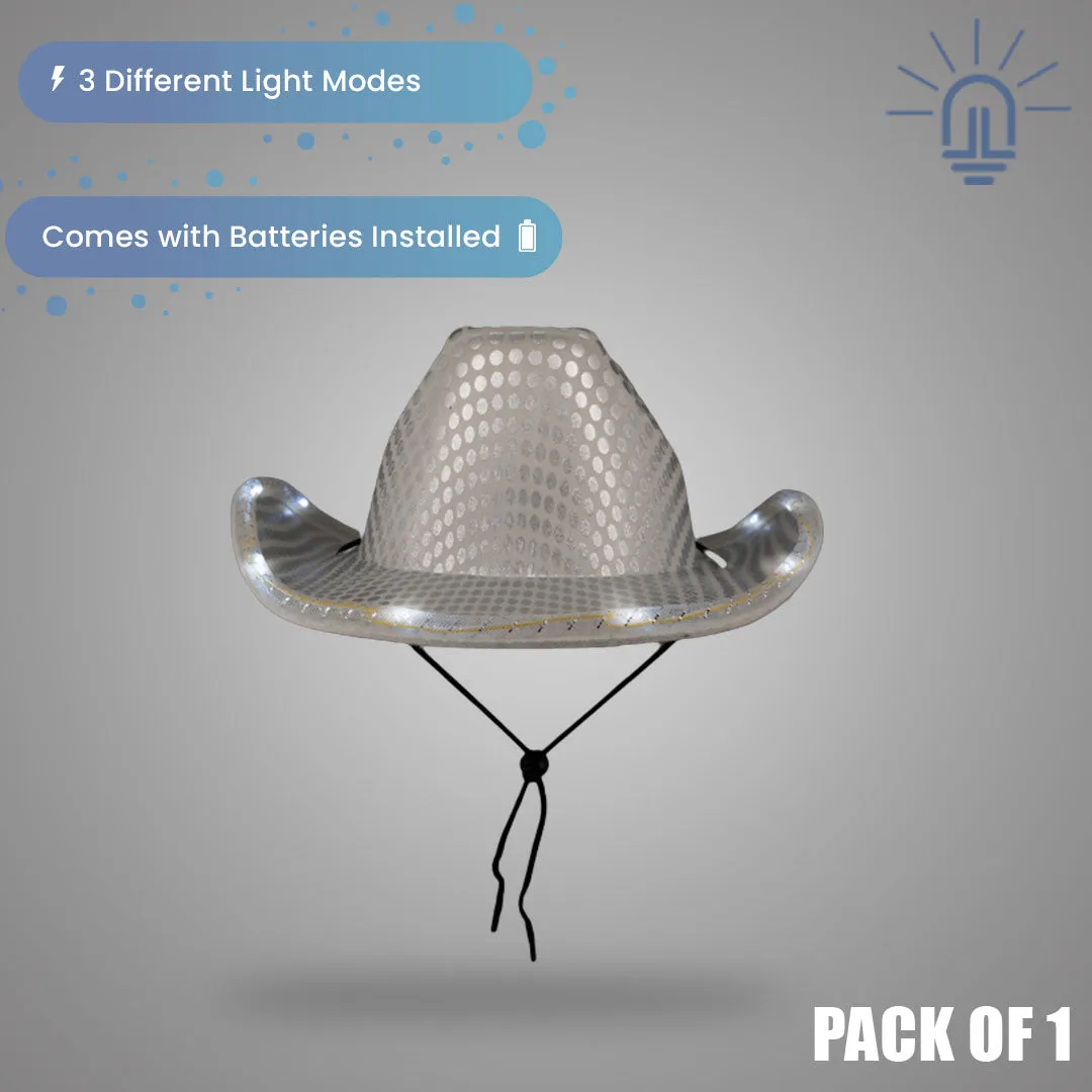 LED Light Up Flashing White Cowboy Hat With Sequins