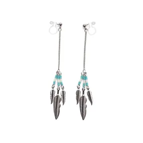 Long feather motif invisible clip on earrings ( Silver tone )