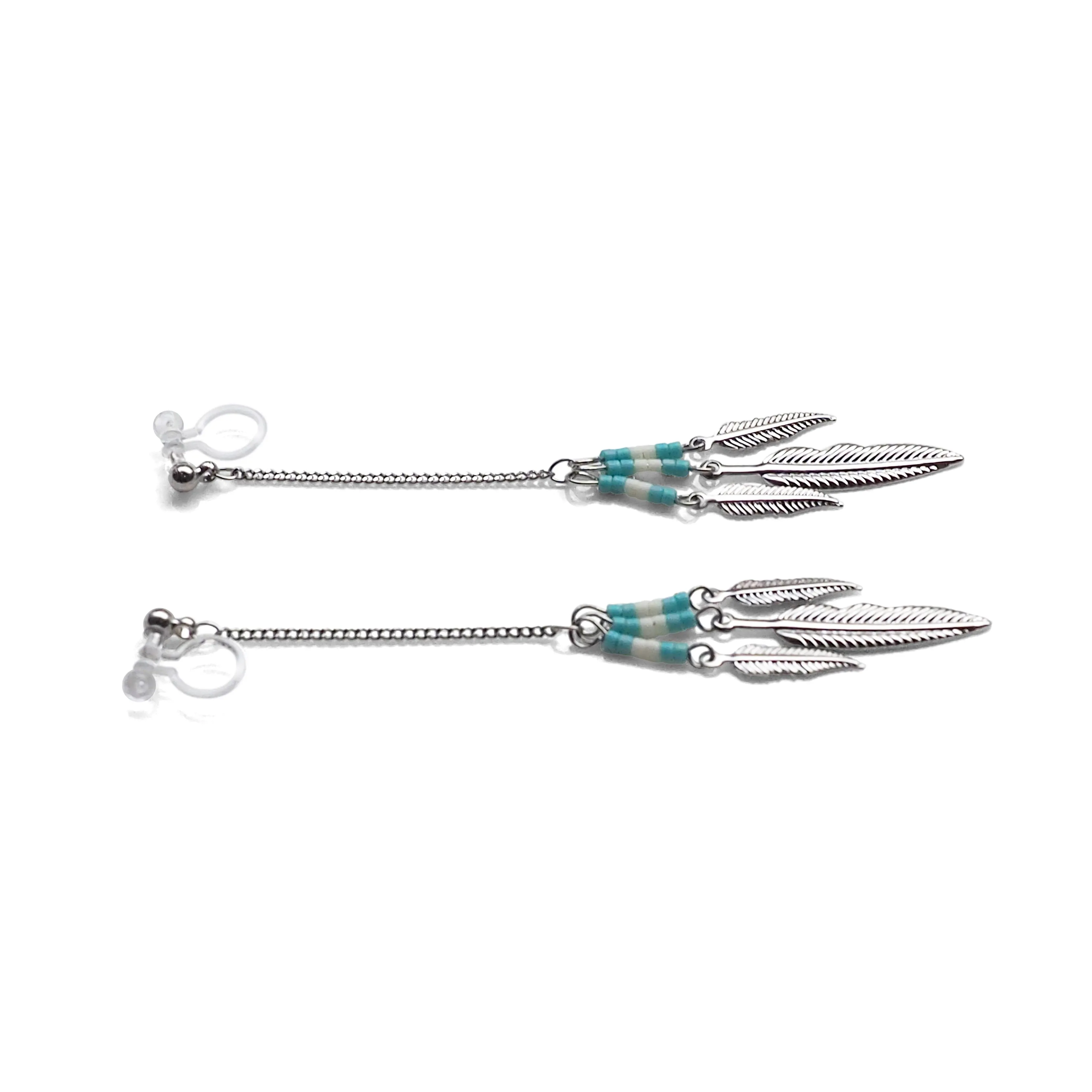 Long feather motif invisible clip on earrings ( Silver tone )