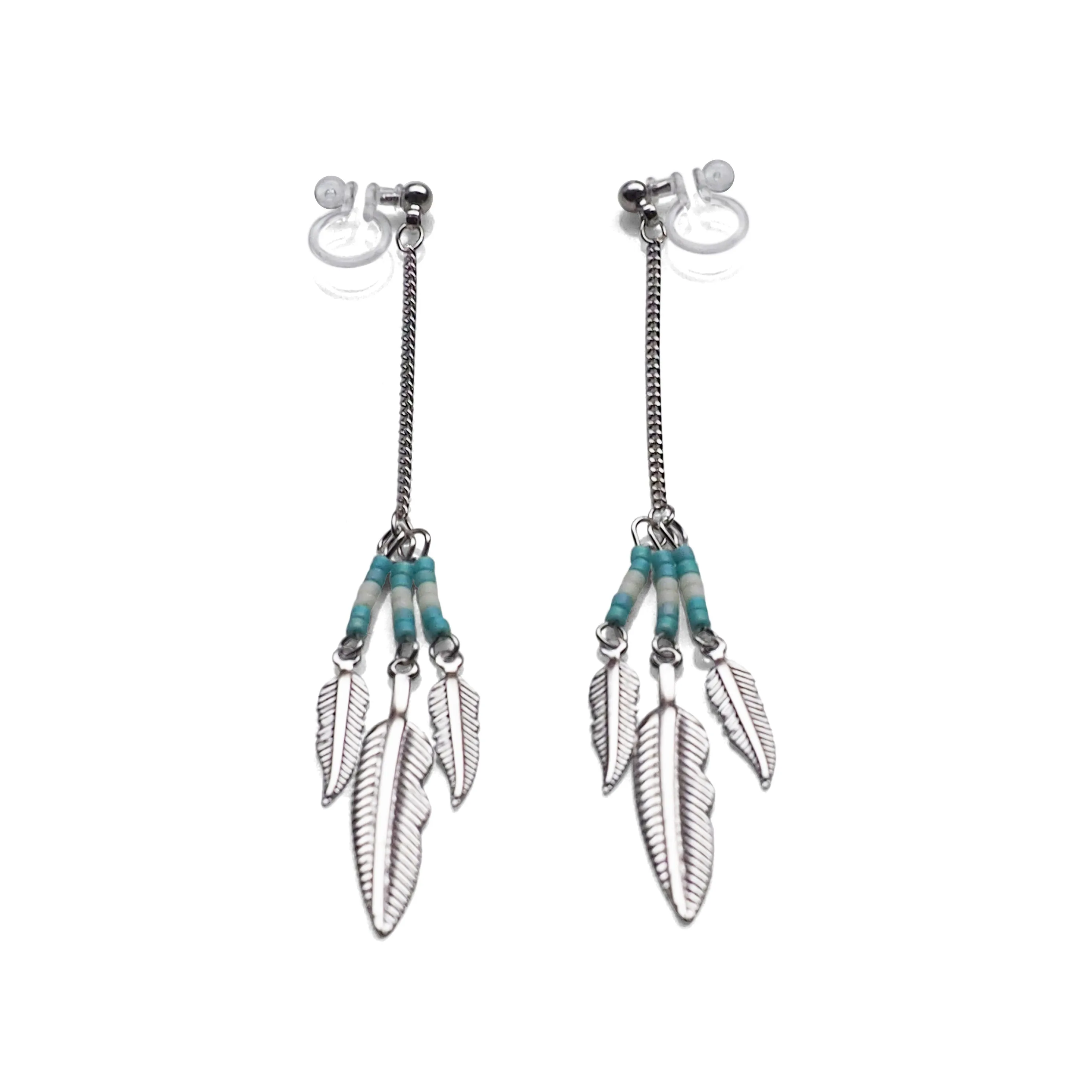 Long feather motif invisible clip on earrings ( Silver tone )