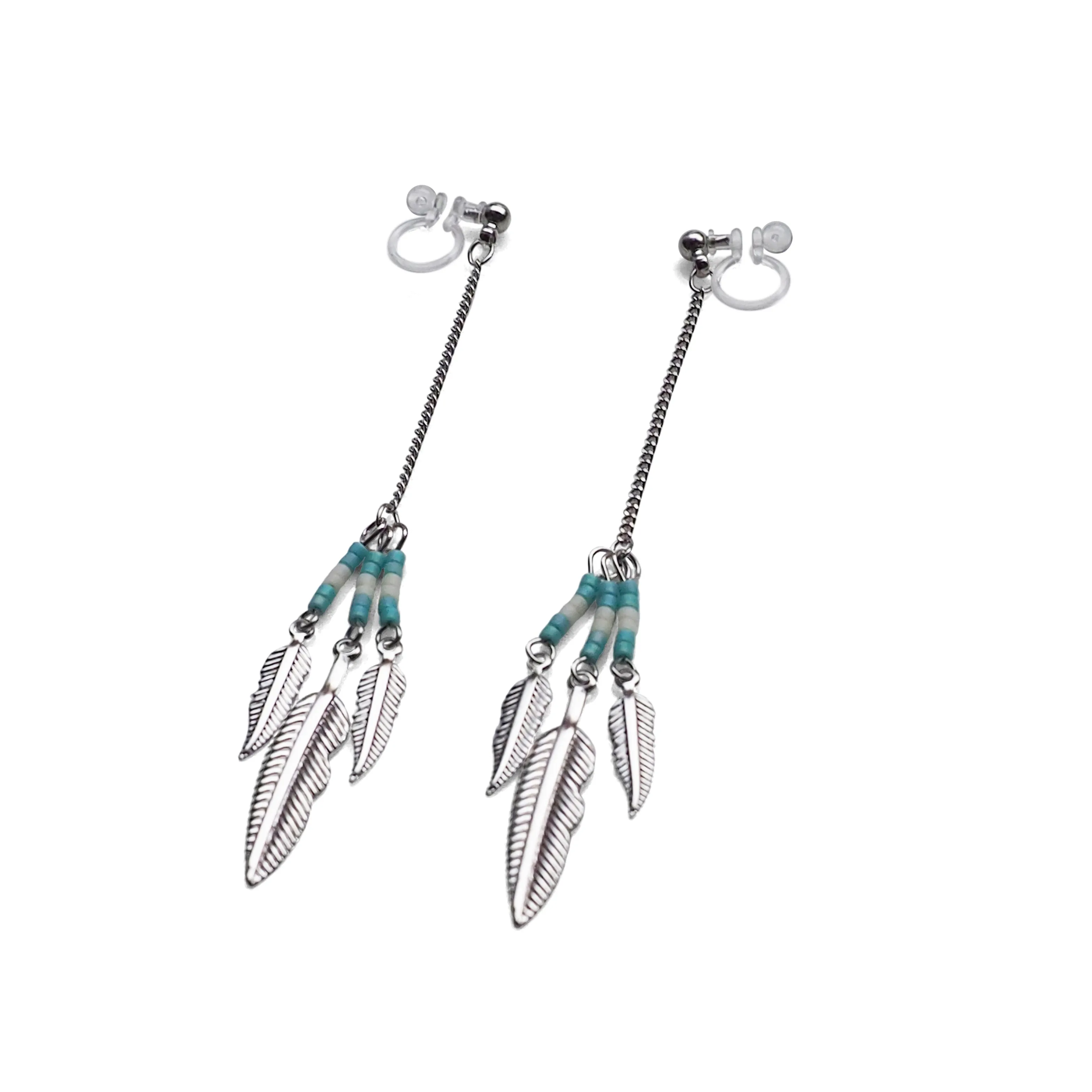 Long feather motif invisible clip on earrings ( Silver tone )