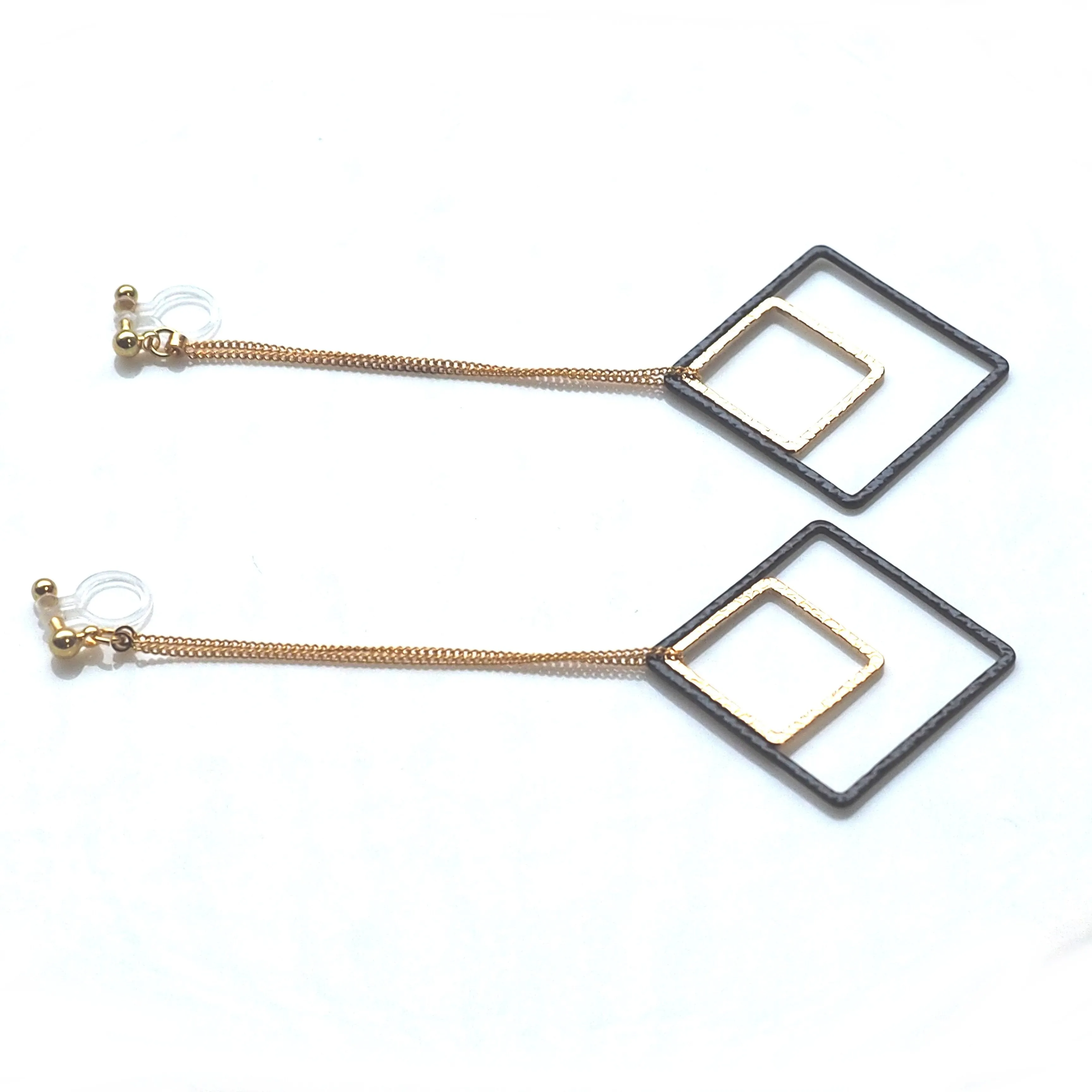Long gold and black square metal invisible clip on earrings