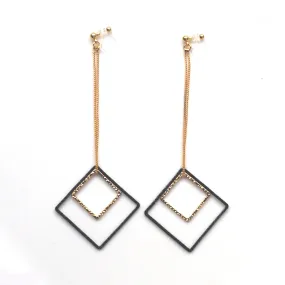 Long gold and black square metal invisible clip on earrings