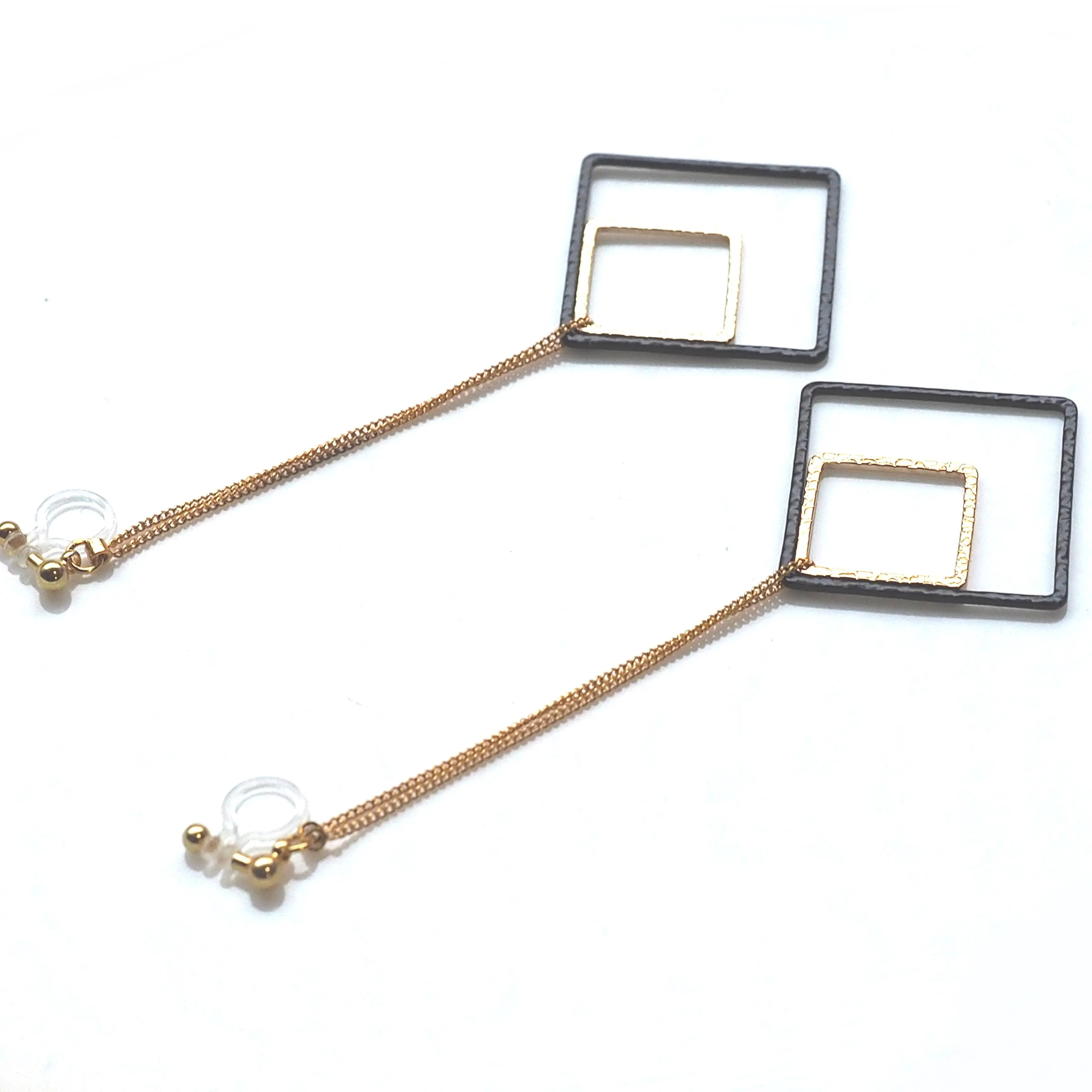 Long gold and black square metal invisible clip on earrings