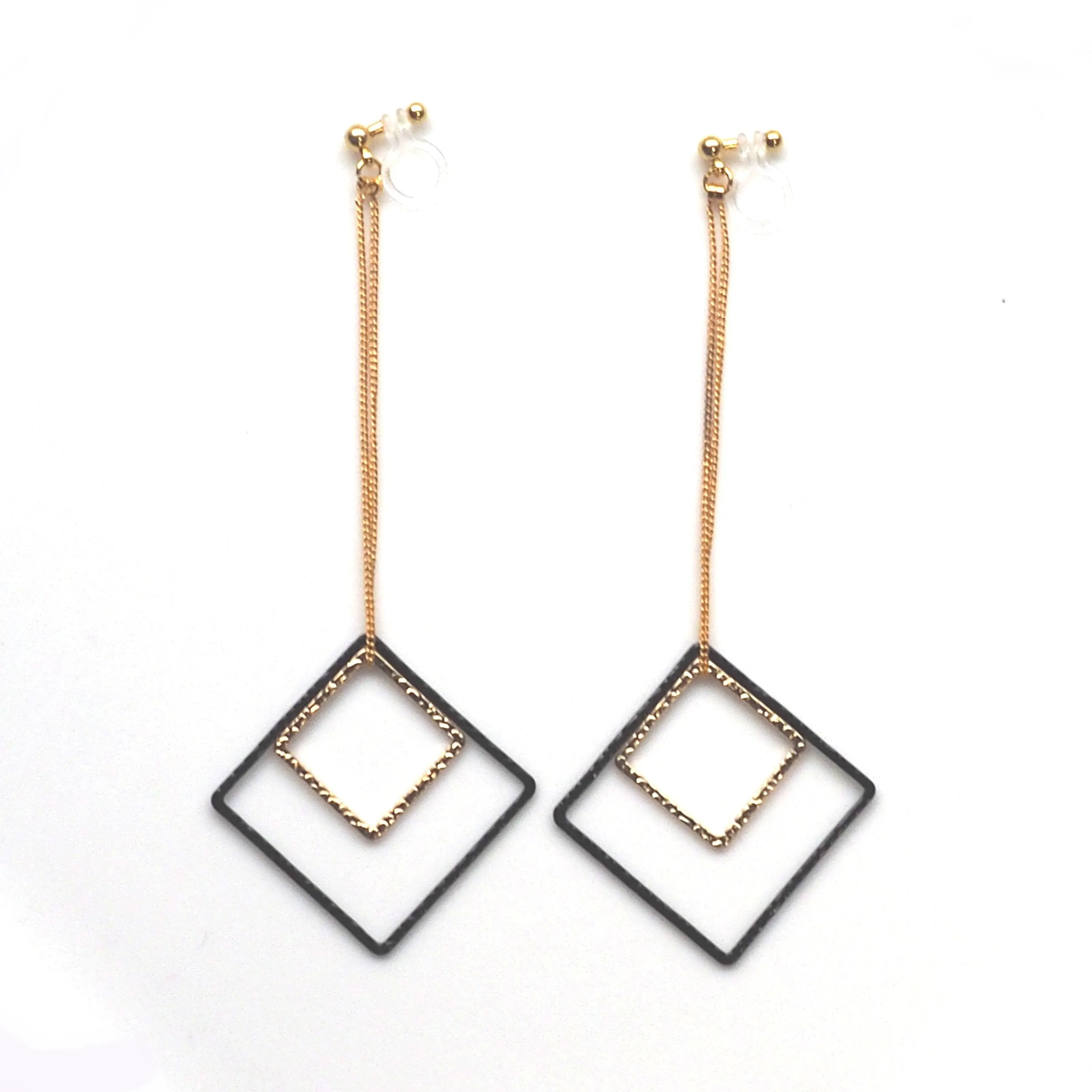 Long gold and black square metal invisible clip on earrings