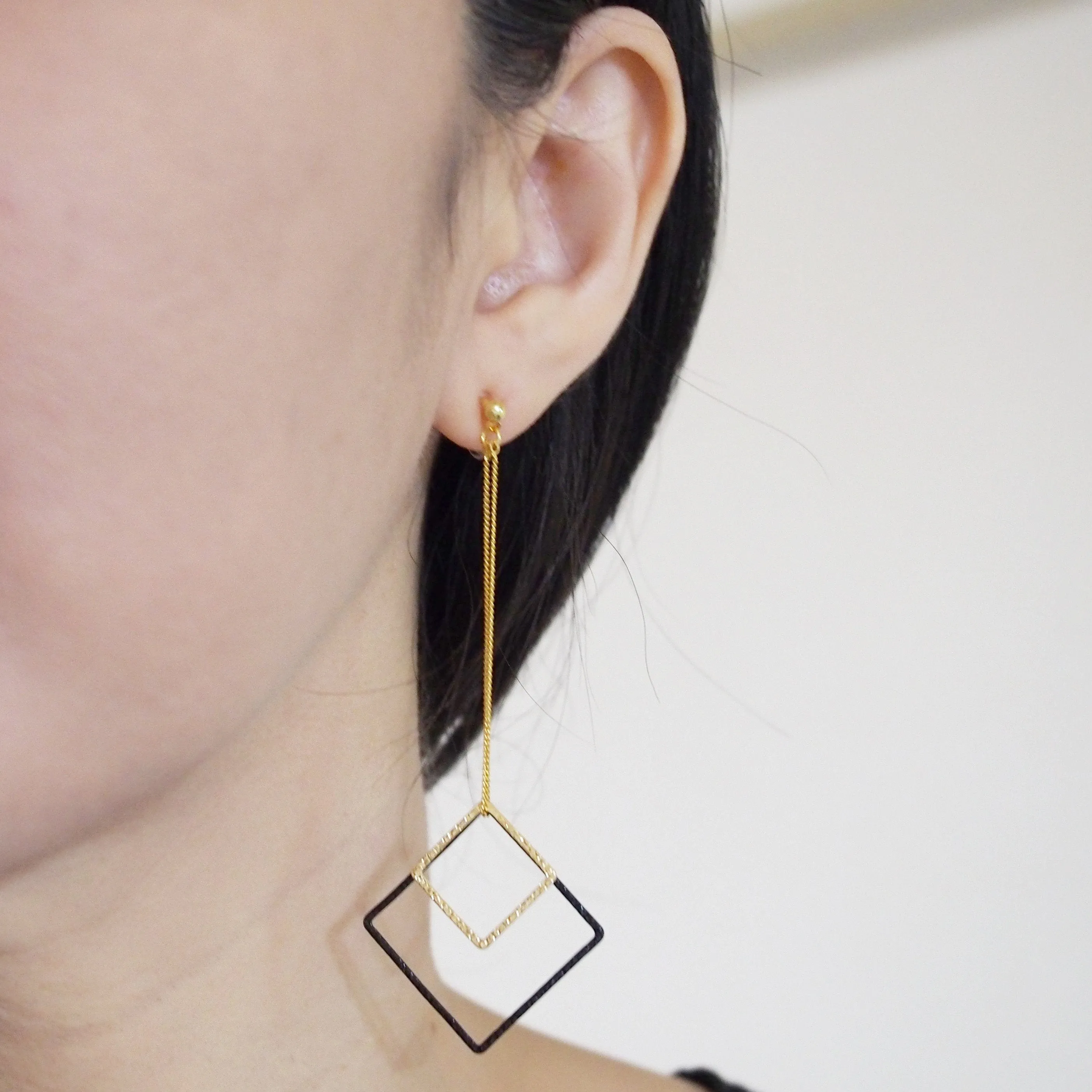 Long gold and black square metal invisible clip on earrings