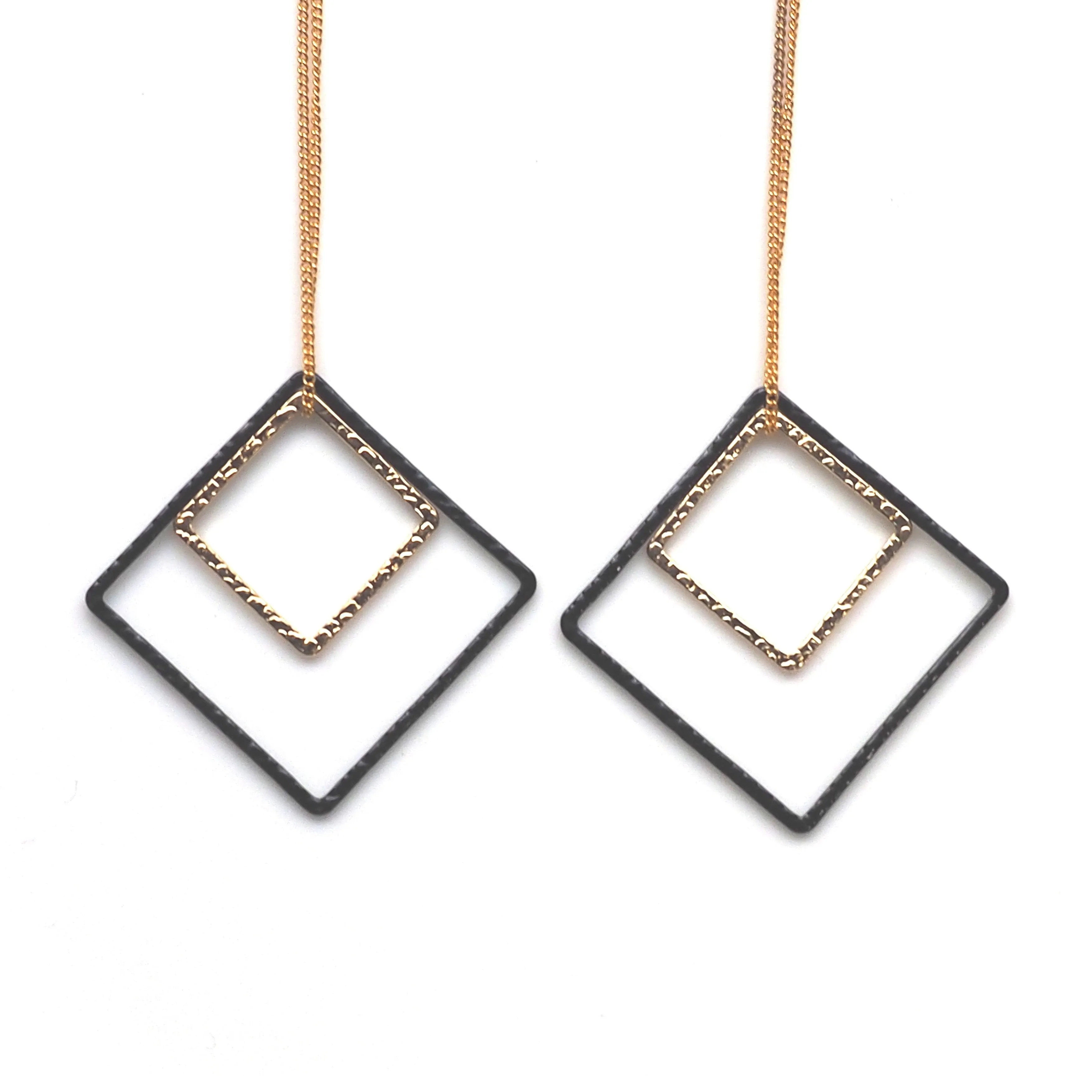 Long gold and black square metal invisible clip on earrings