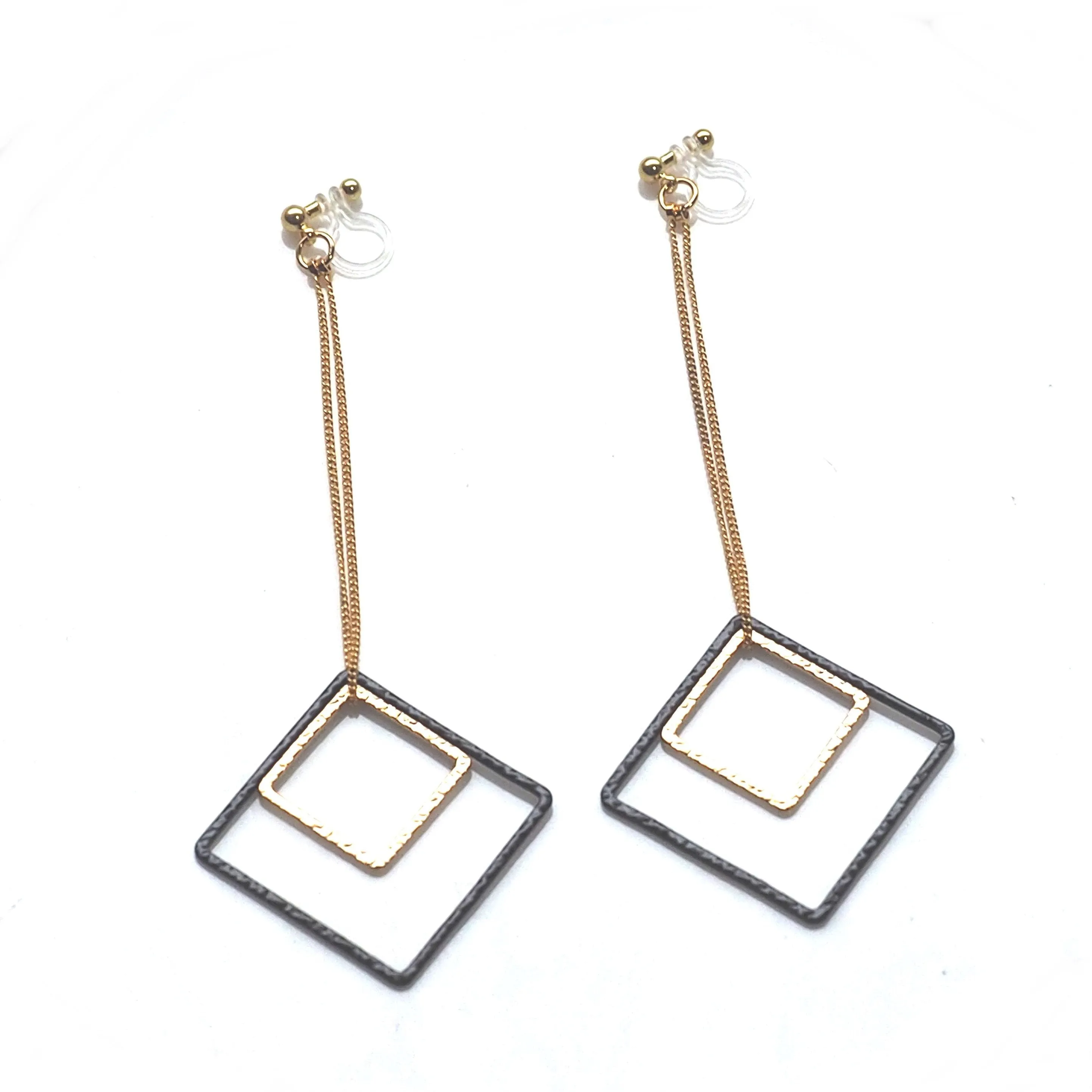 Long gold and black square metal invisible clip on earrings