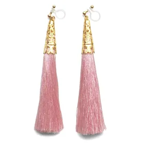 Long Pink Tassel Invisible Clip On Earrings