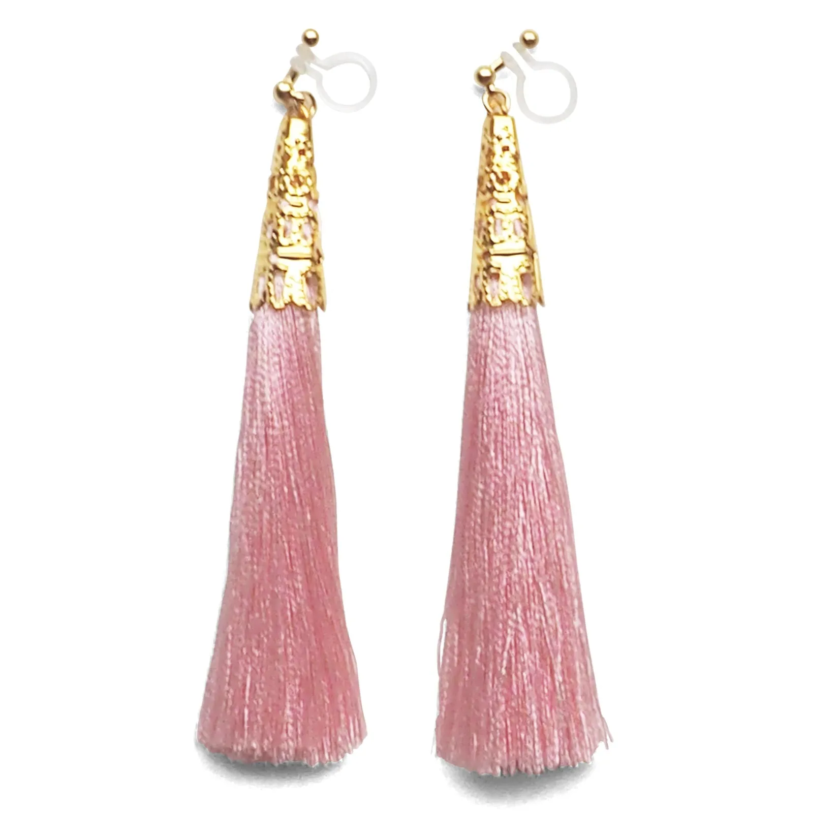 Long Pink Tassel Invisible Clip On Earrings