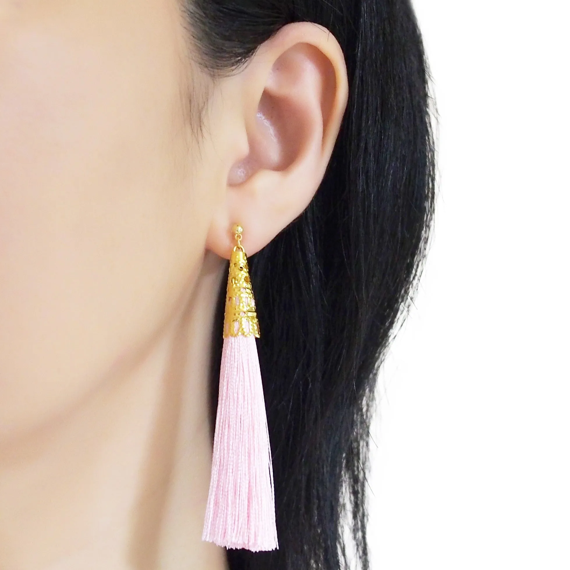 Long Pink Tassel Invisible Clip On Earrings