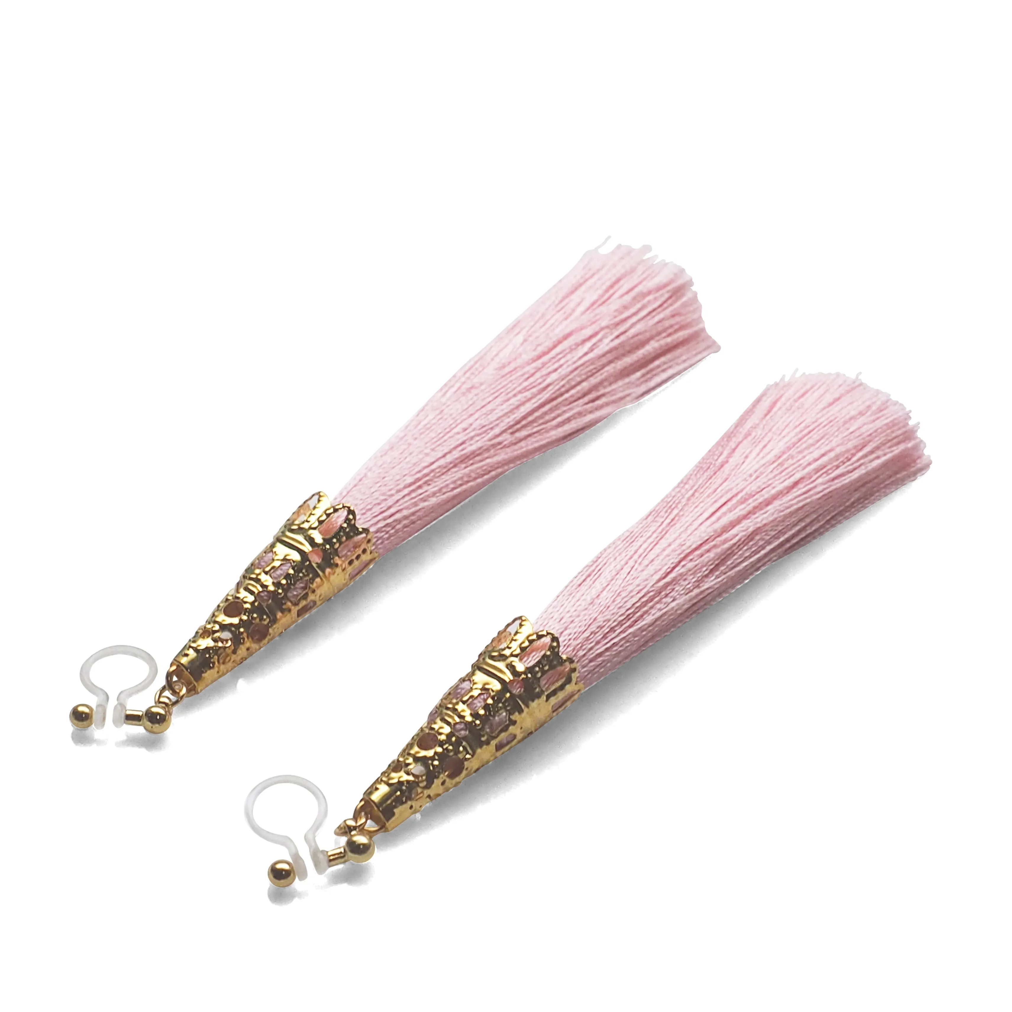 Long Pink Tassel Invisible Clip On Earrings