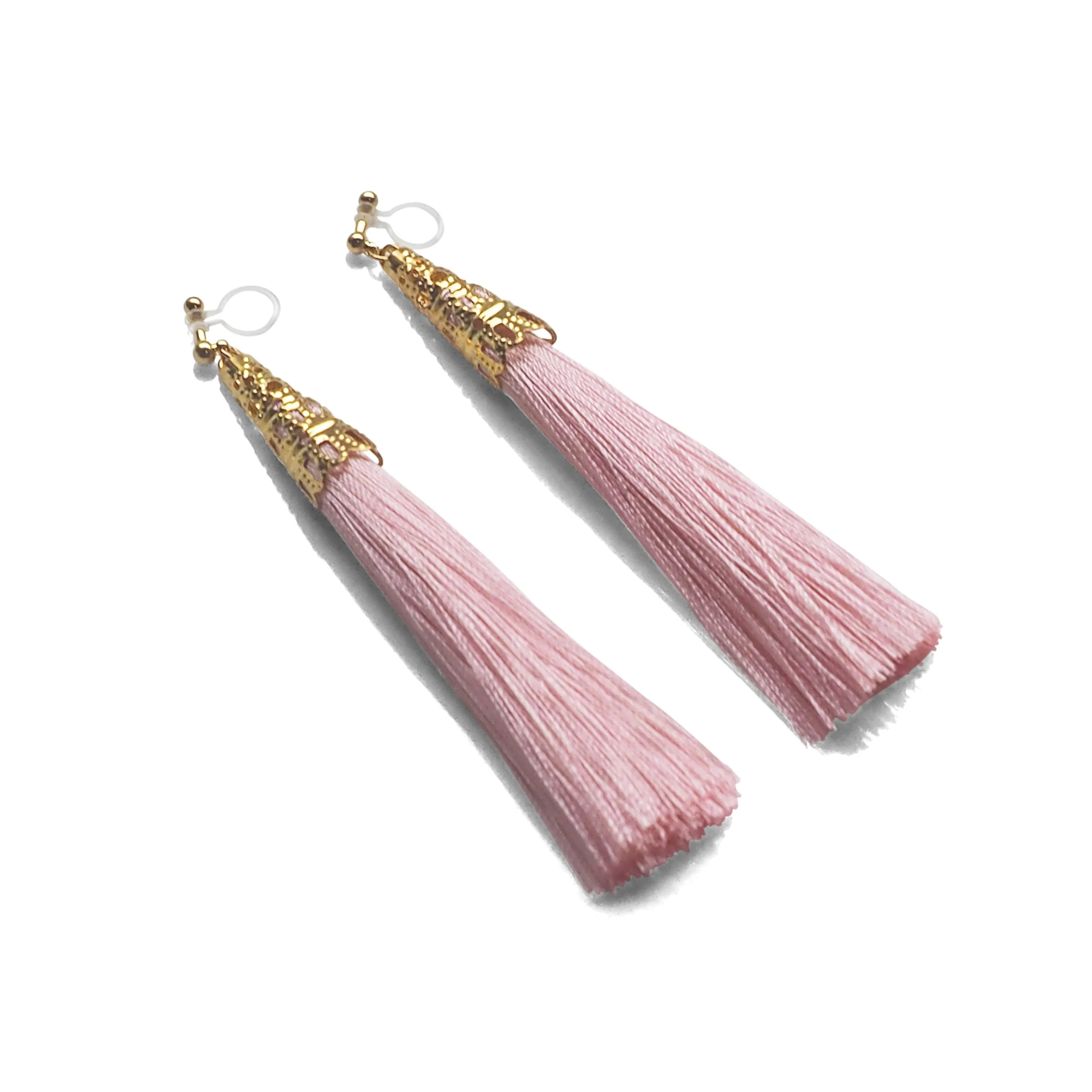 Long Pink Tassel Invisible Clip On Earrings