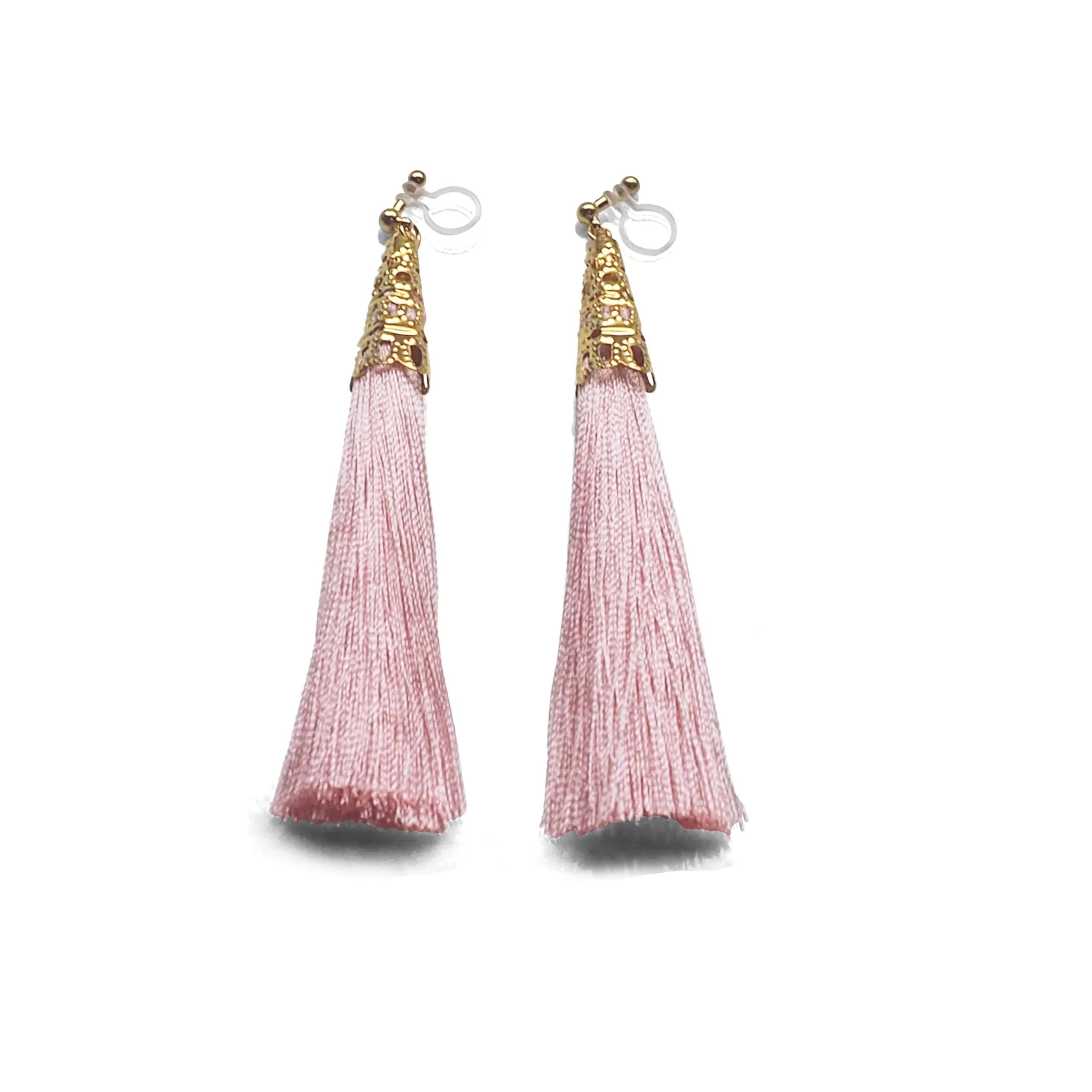 Long Pink Tassel Invisible Clip On Earrings