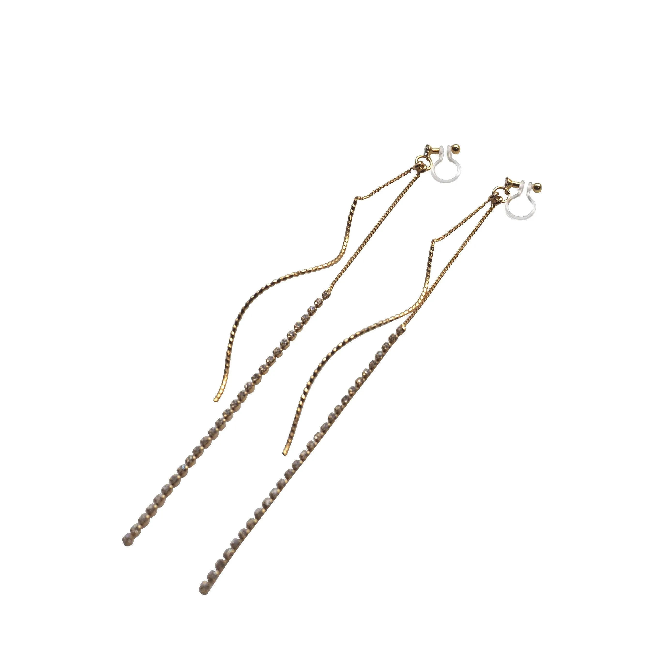 Long Rhinestone and Twisted Bar Threader Invisible Clip On Earrings