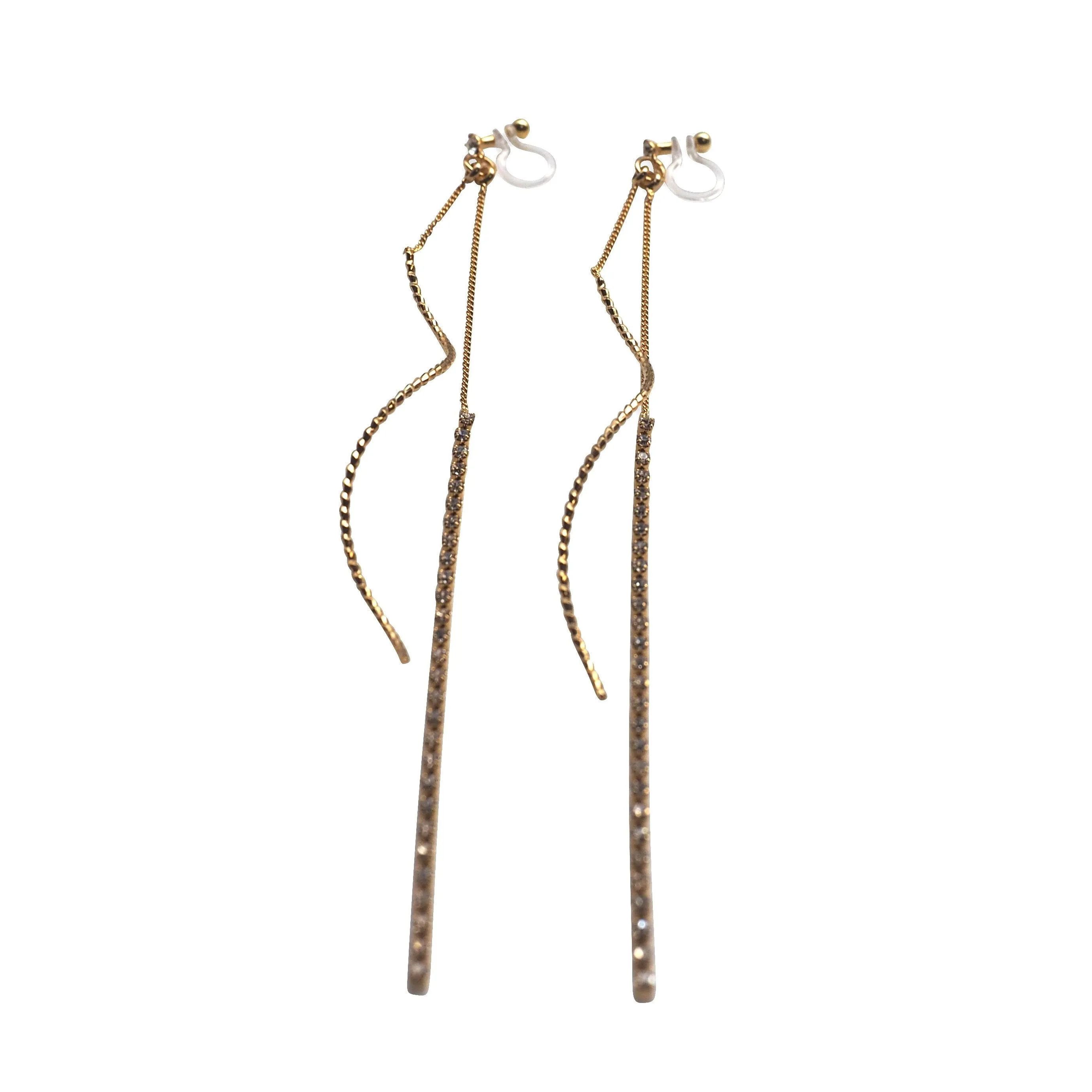 Long Rhinestone and Twisted Bar Threader Invisible Clip On Earrings