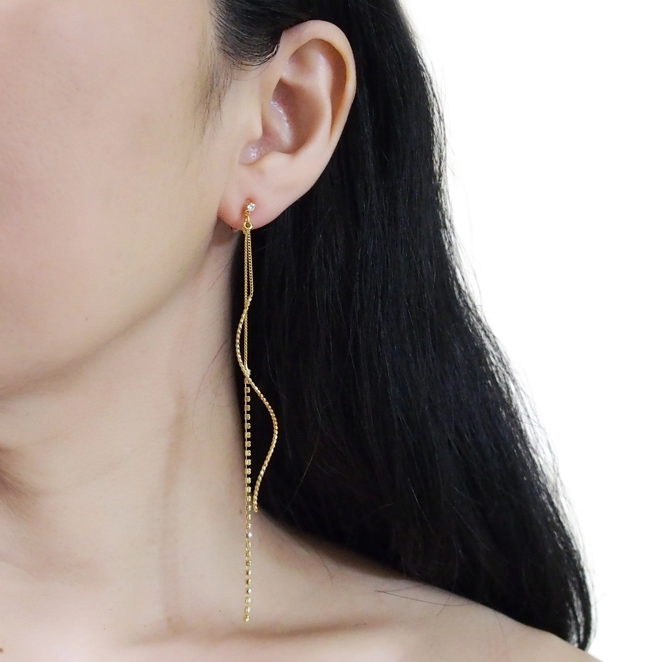 Long Rhinestone and Twisted Bar Threader Invisible Clip On Earrings