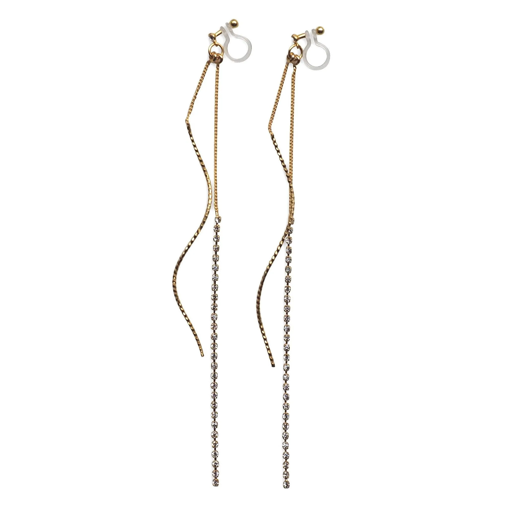Long Rhinestone and Twisted Bar Threader Invisible Clip On Earrings