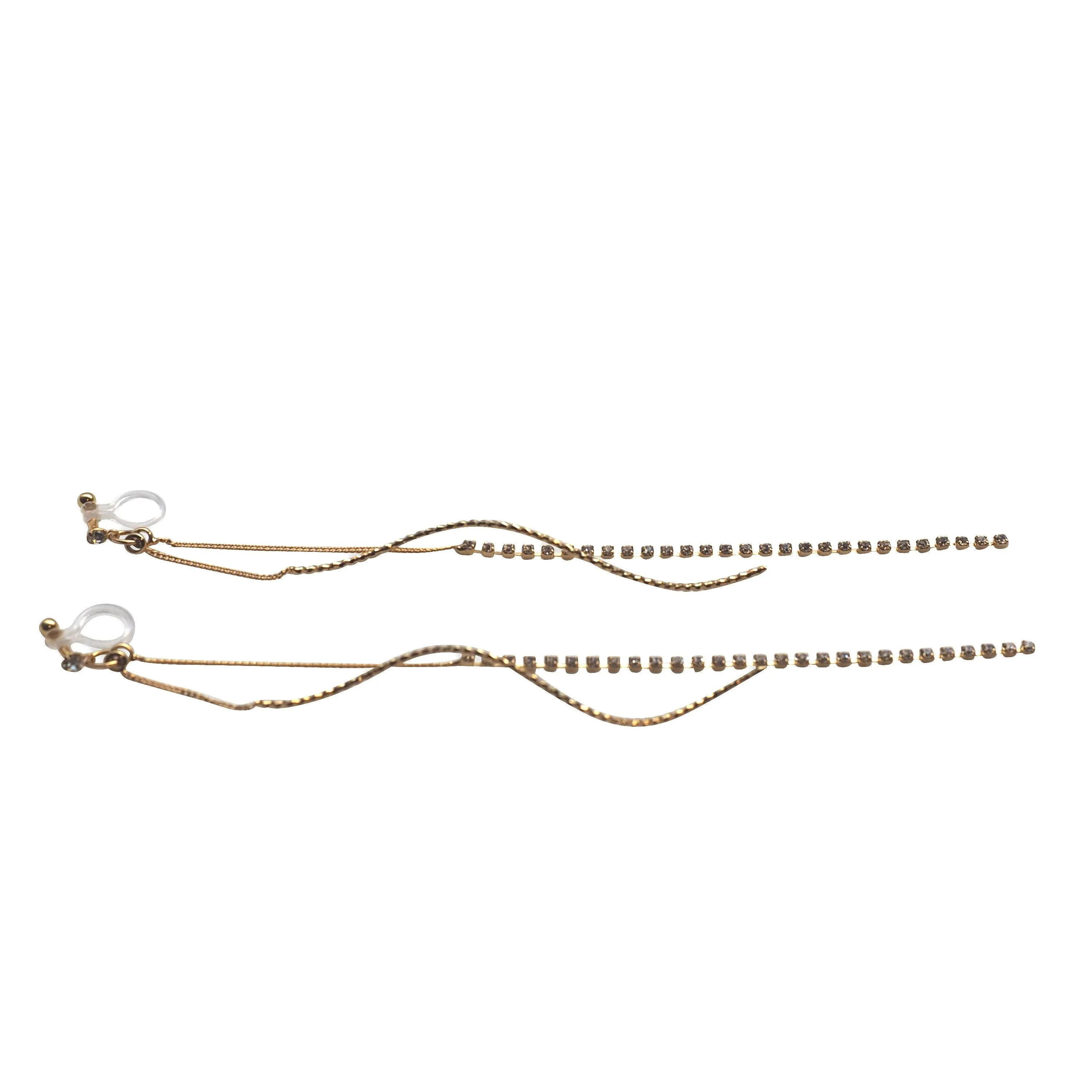 Long Rhinestone and Twisted Bar Threader Invisible Clip On Earrings