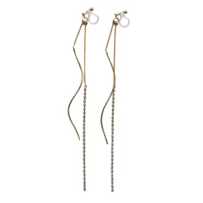 Long Rhinestone and Twisted Bar Threader Invisible Clip On Earrings