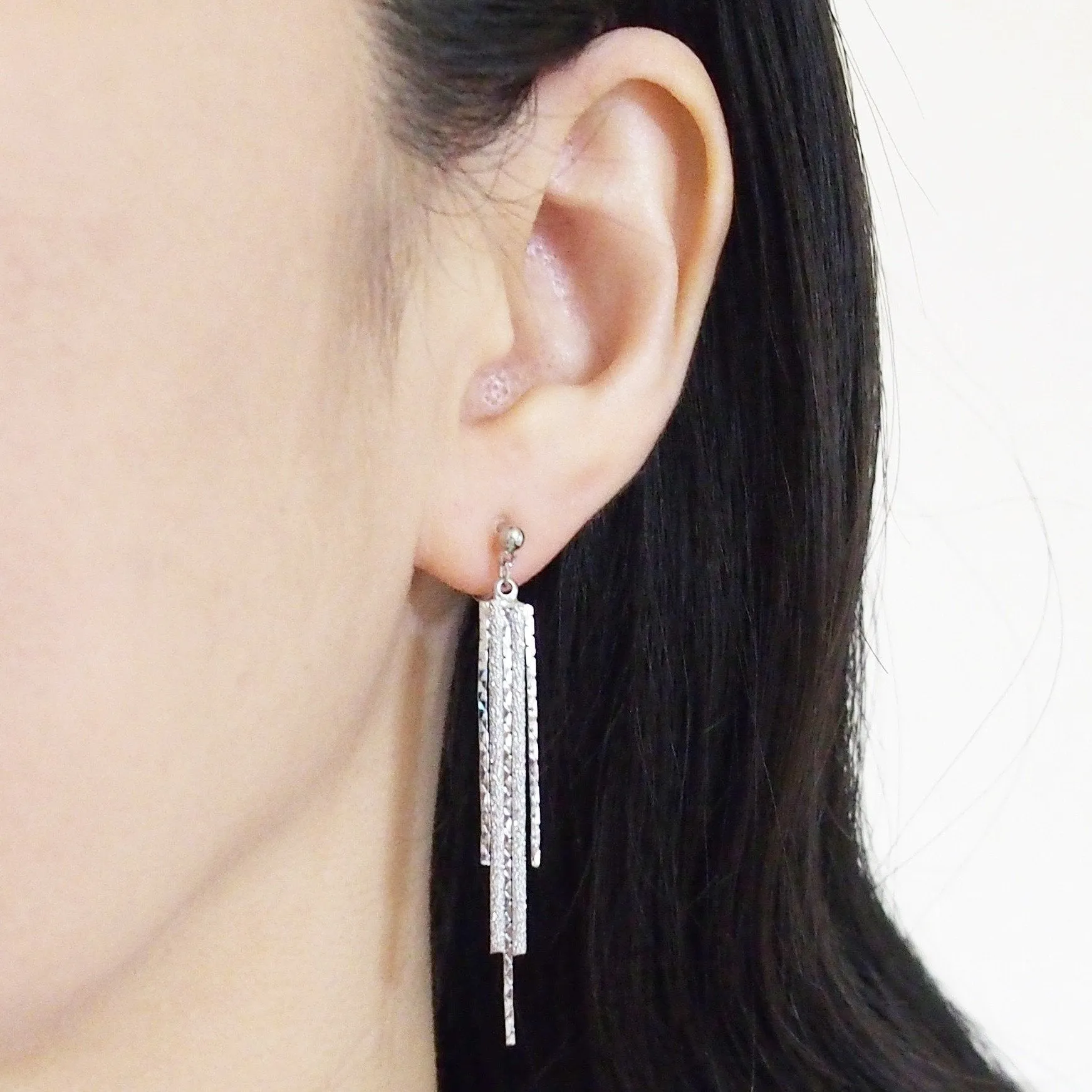 Long silver metallic chain invisible clip on earrings