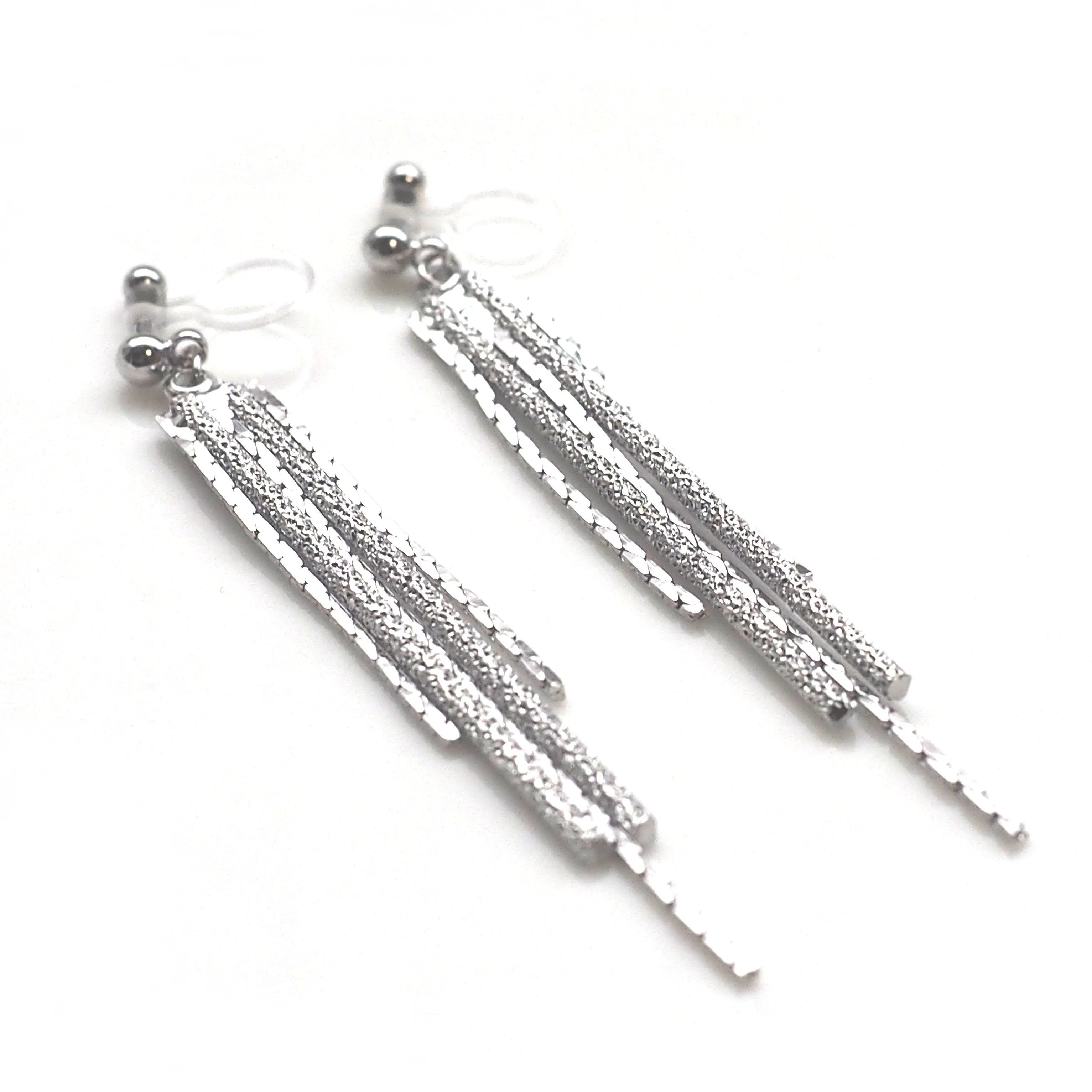 Long silver metallic chain invisible clip on earrings