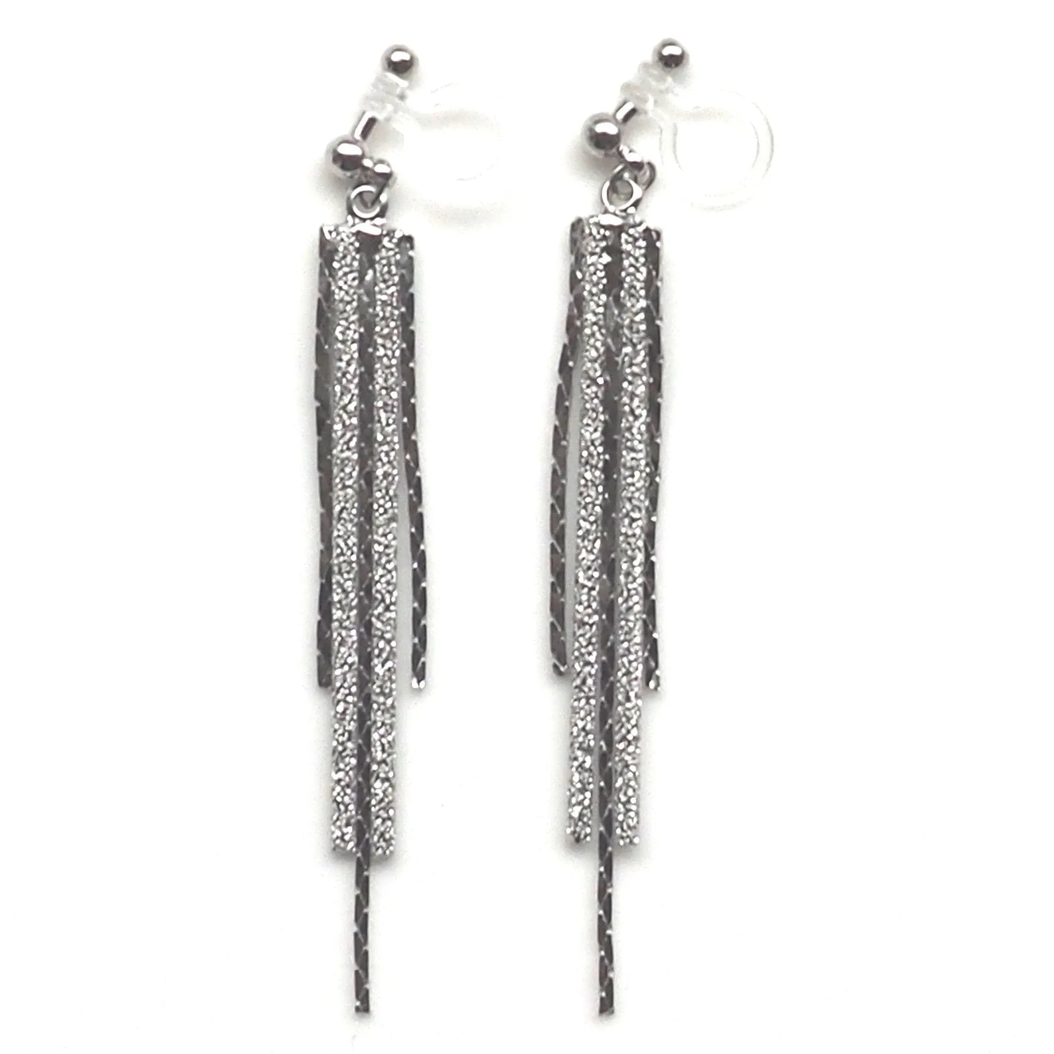 Long silver metallic chain invisible clip on earrings