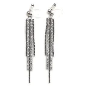 Long silver metallic chain invisible clip on earrings