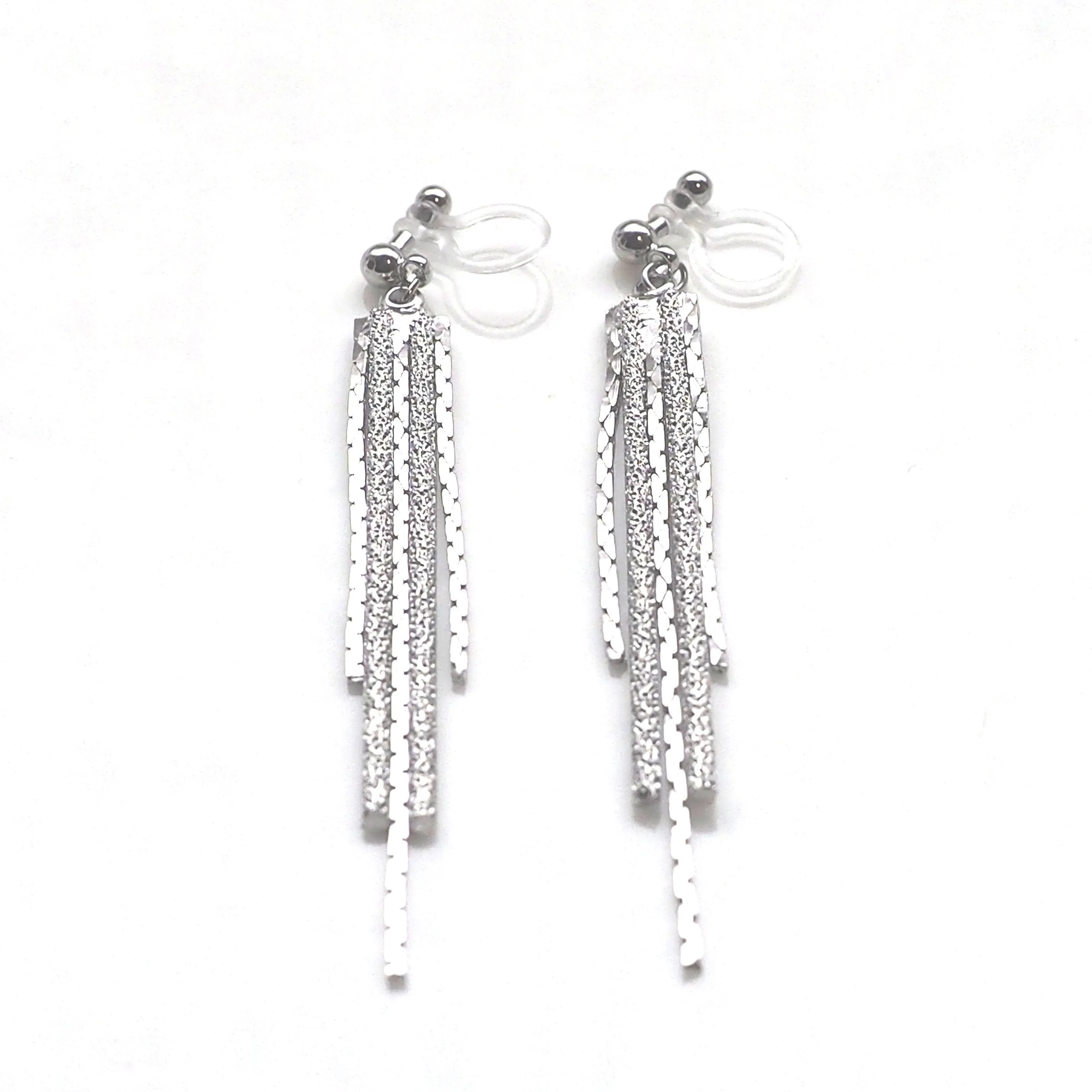 Long silver metallic chain invisible clip on earrings
