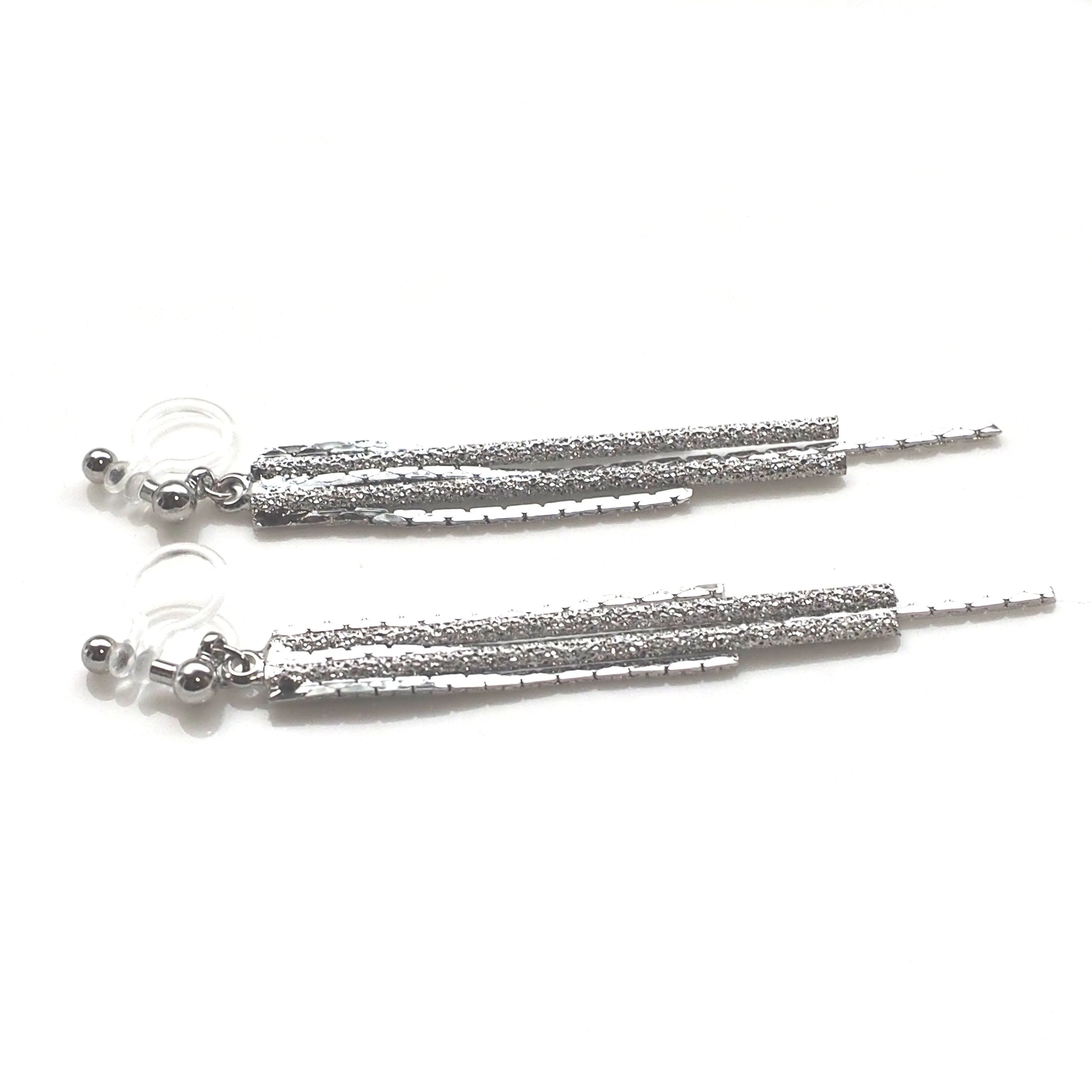 Long silver metallic chain invisible clip on earrings