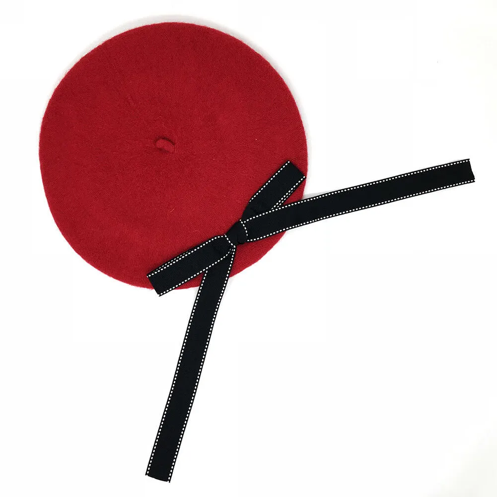 Magik Wool Blend Bow Long Tie Artist Warm French Vintage Beanie Beret Hat Cap