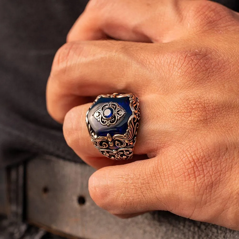 Mens 925k Sterling Silver Ring, Blue Zircon Gemstone Ring