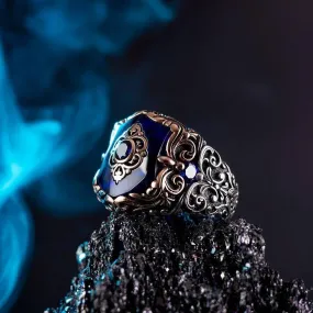 Mens 925k Sterling Silver Ring, Blue Zircon Gemstone Ring