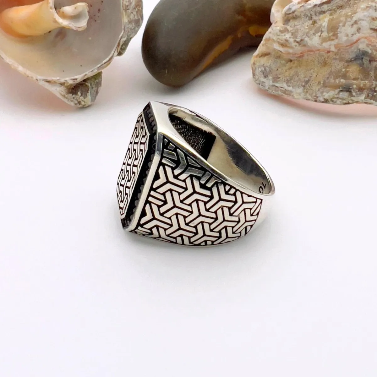Men's Square Model with Micro Black Onyx Silver Ring