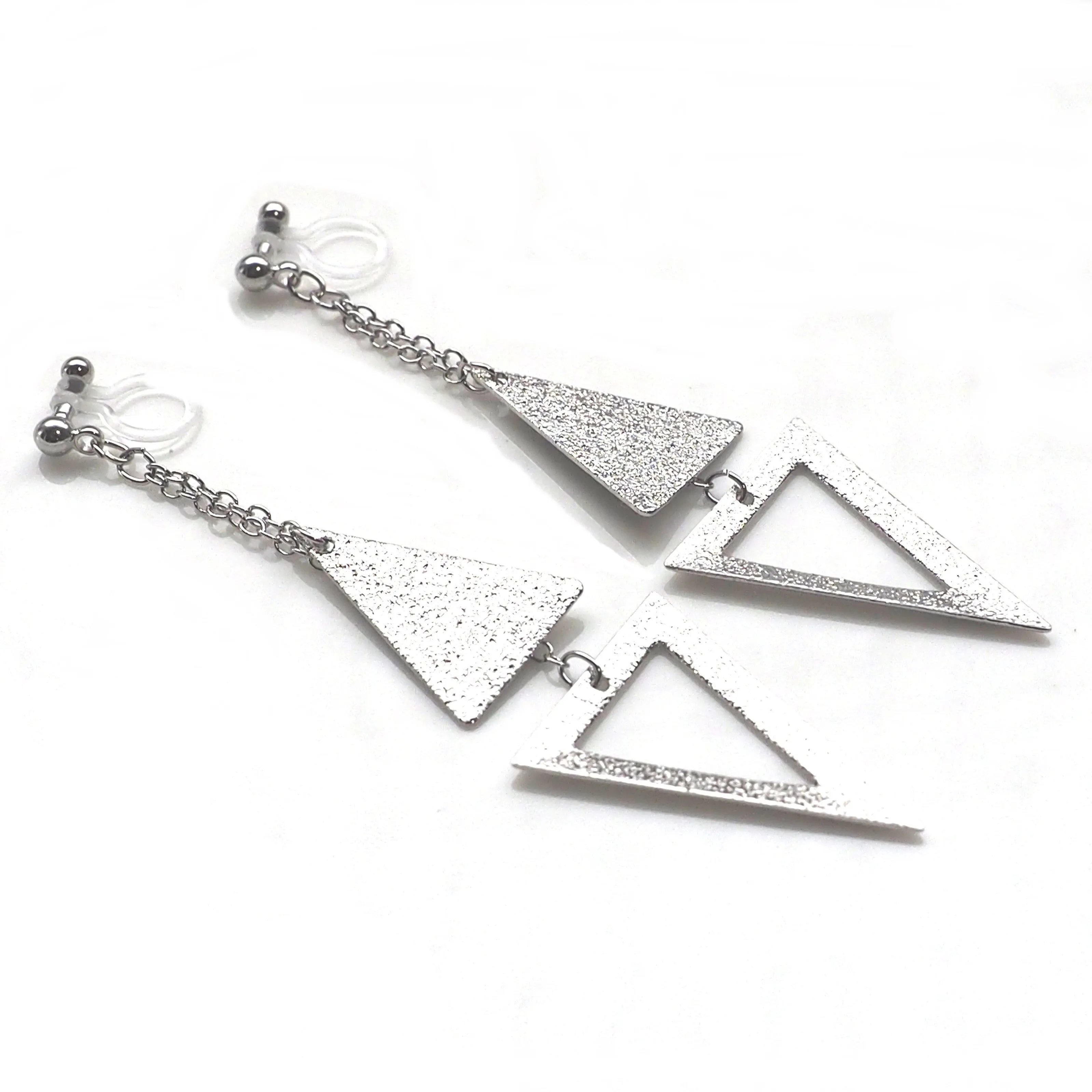 Metallic silver double triangle invisible clip on earrings