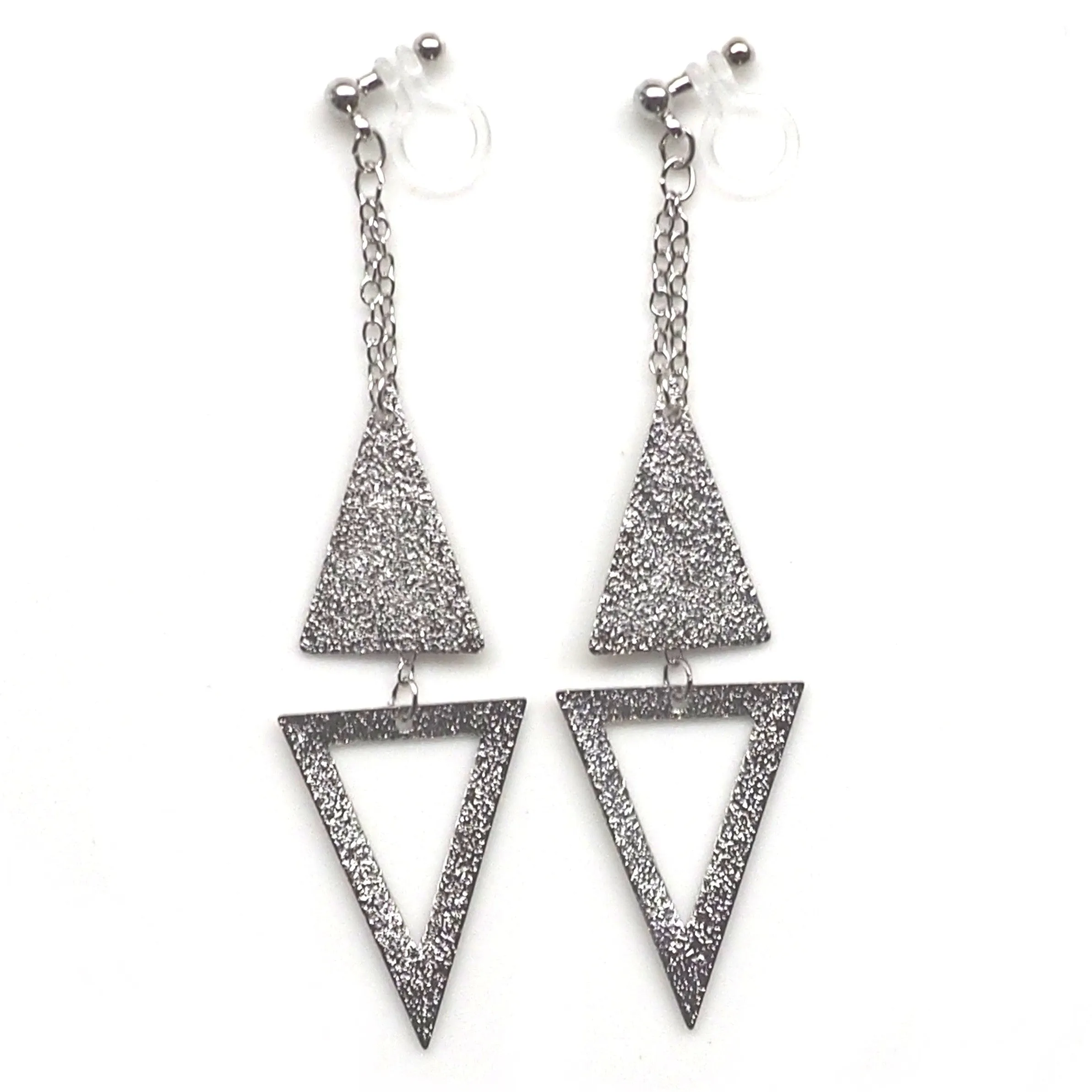 Metallic silver double triangle invisible clip on earrings