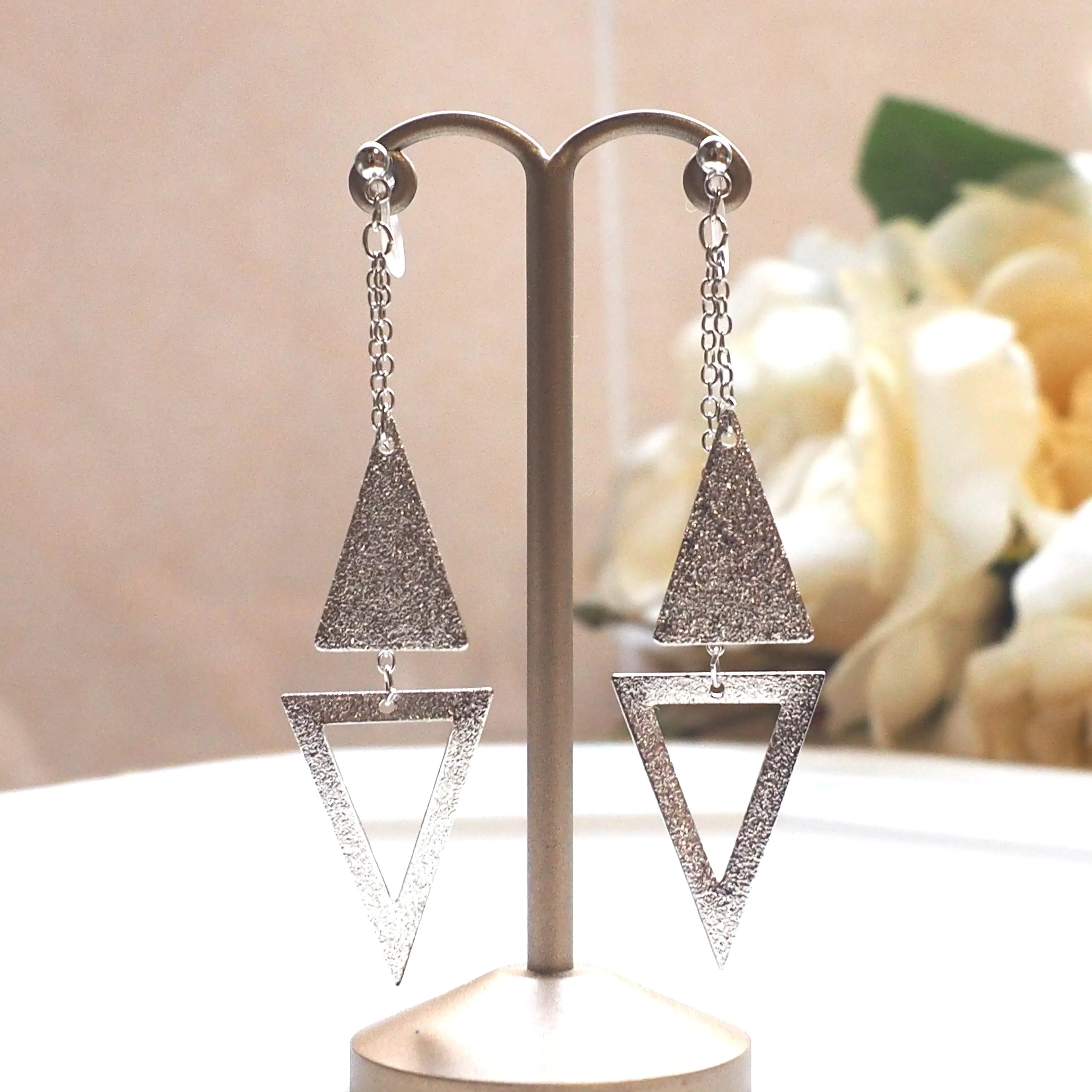 Metallic silver double triangle invisible clip on earrings
