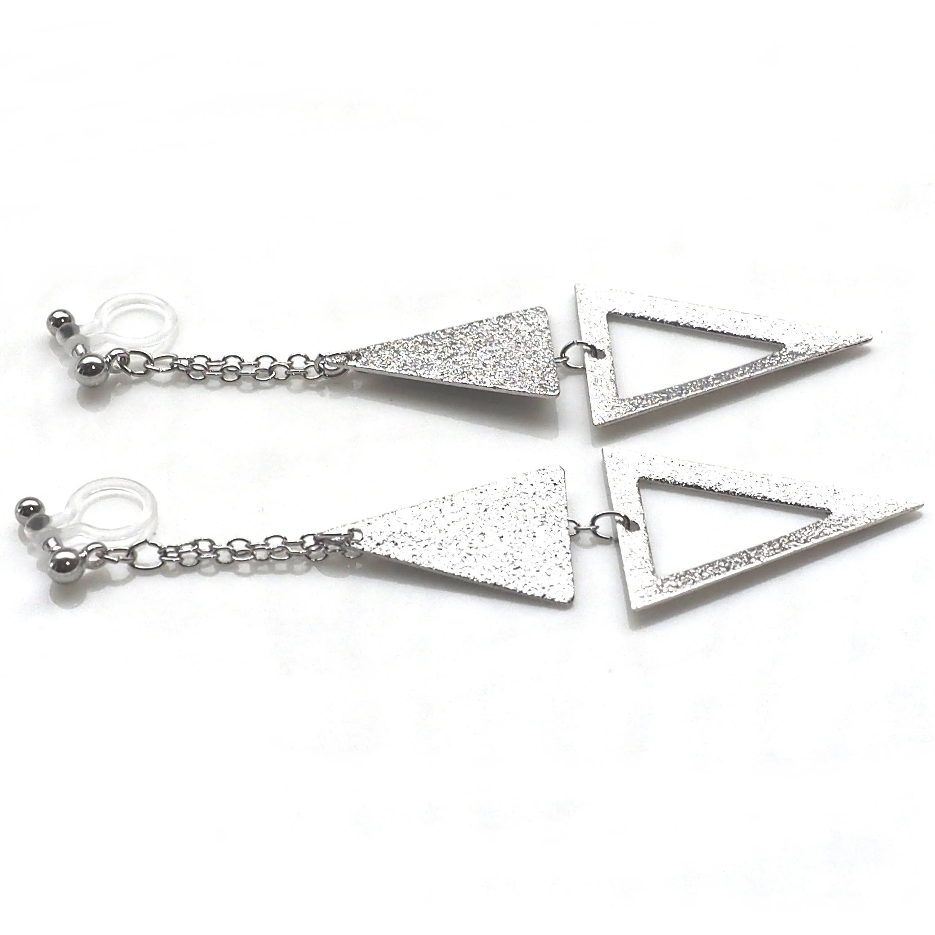 Metallic silver double triangle invisible clip on earrings