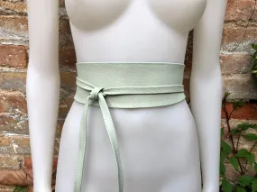 Mint green leather belt. Light green waist belt. Genuine  leather wrap belt. Aqua green obi belt. Green wraparound dress belt