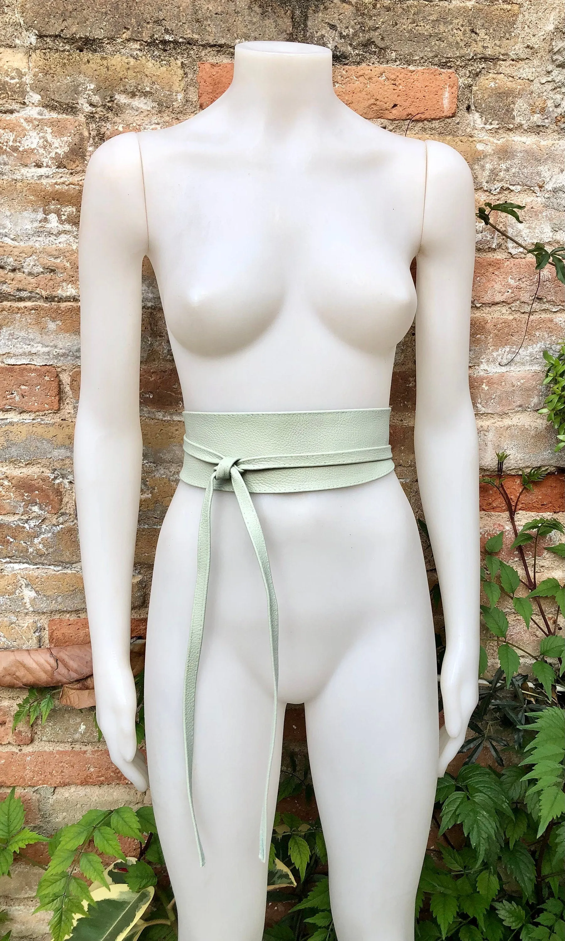 Mint green leather belt. Light green waist belt. Genuine  leather wrap belt. Aqua green obi belt. Green wraparound dress belt