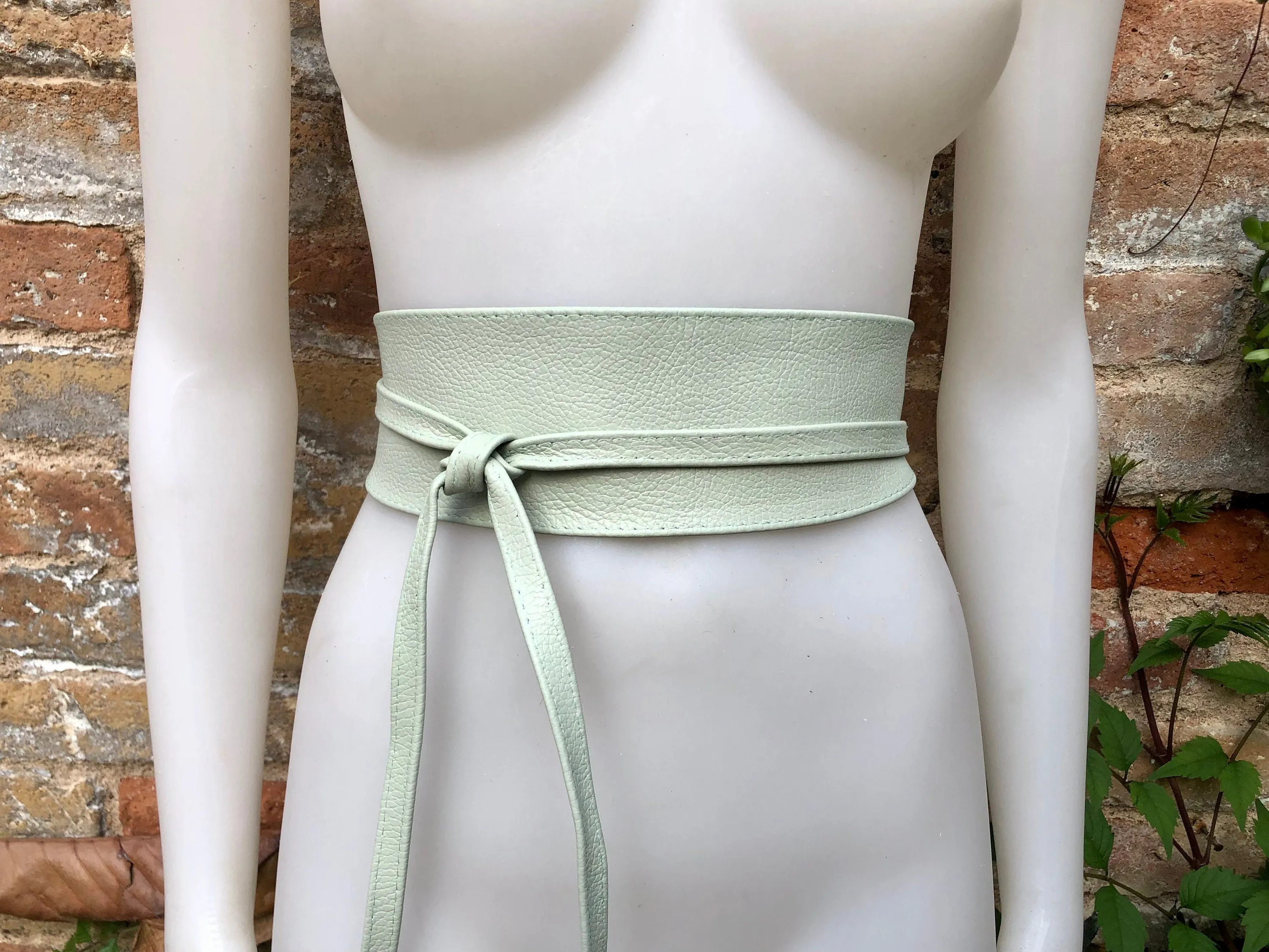 Mint green leather belt. Light green waist belt. Genuine  leather wrap belt. Aqua green obi belt. Green wraparound dress belt