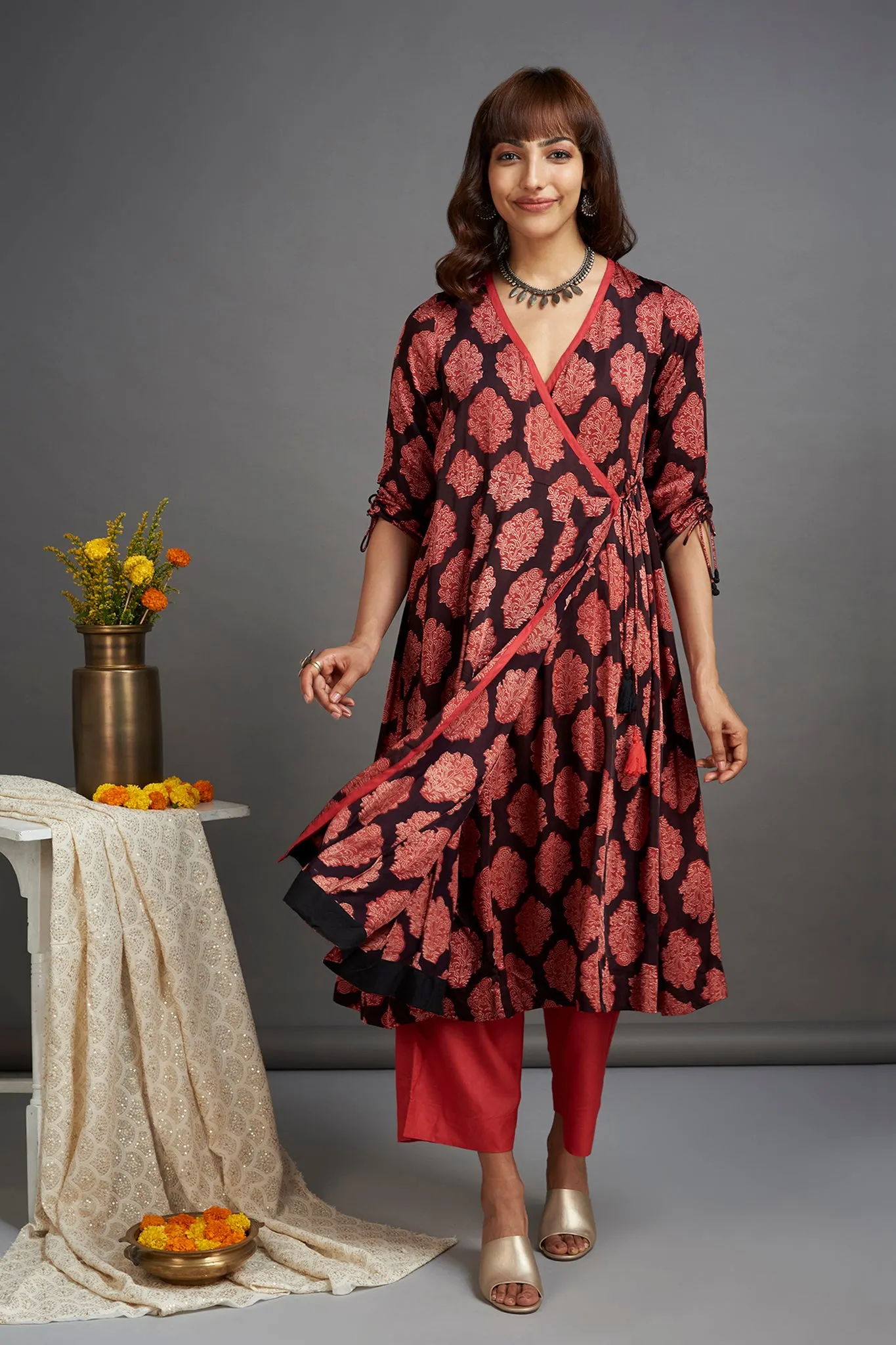 modal silk angrakha kurta - french beret & scarlet begonia