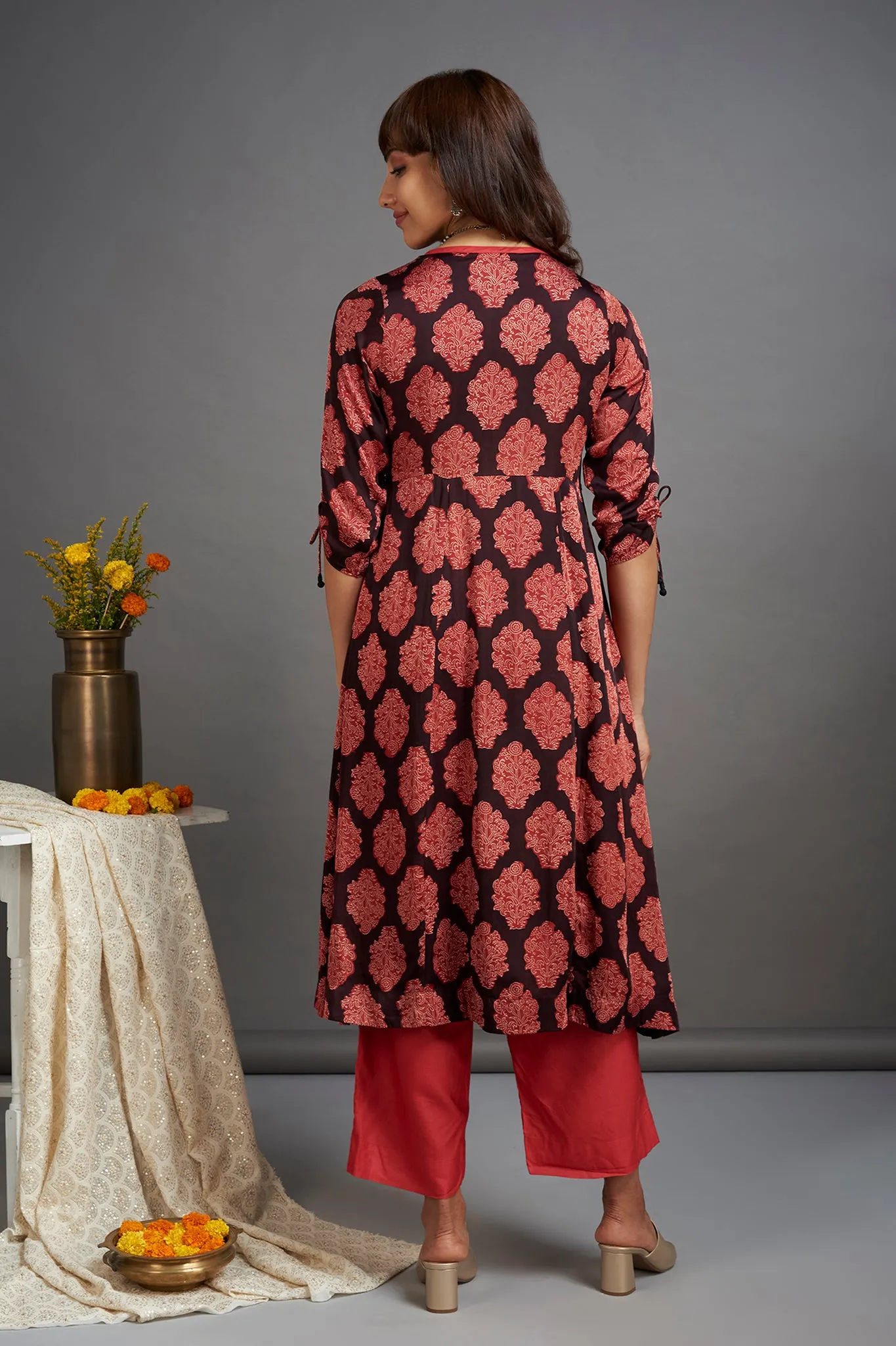 modal silk angrakha kurta - french beret & scarlet begonia