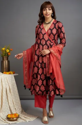 modal silk angrakha kurta - french beret & scarlet begonia
