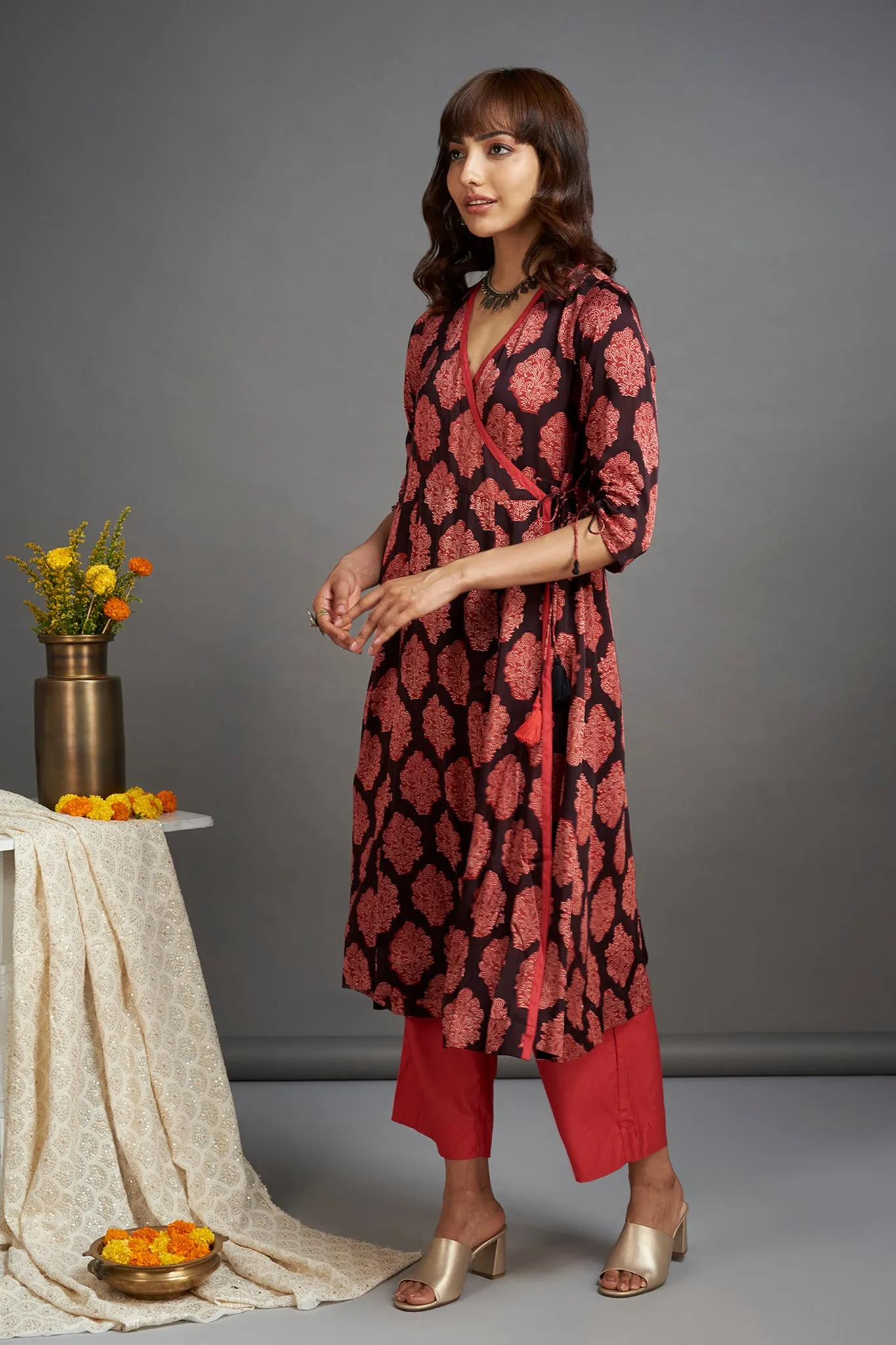 modal silk angrakha kurta - french beret & scarlet begonia