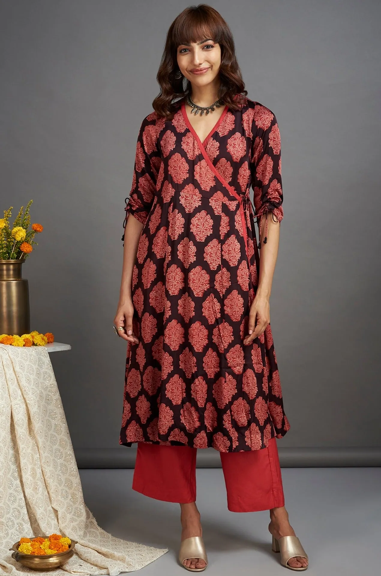 modal silk angrakha kurta - french beret & scarlet begonia