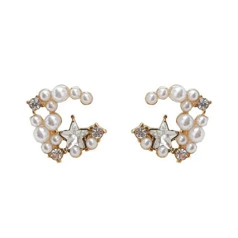 Moon Space Crystal Rhinestone White Pearl Invisible Clip On Earrings
