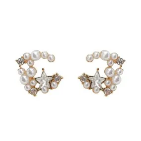 Moon Space Crystal Rhinestone White Pearl Invisible Clip On Earrings